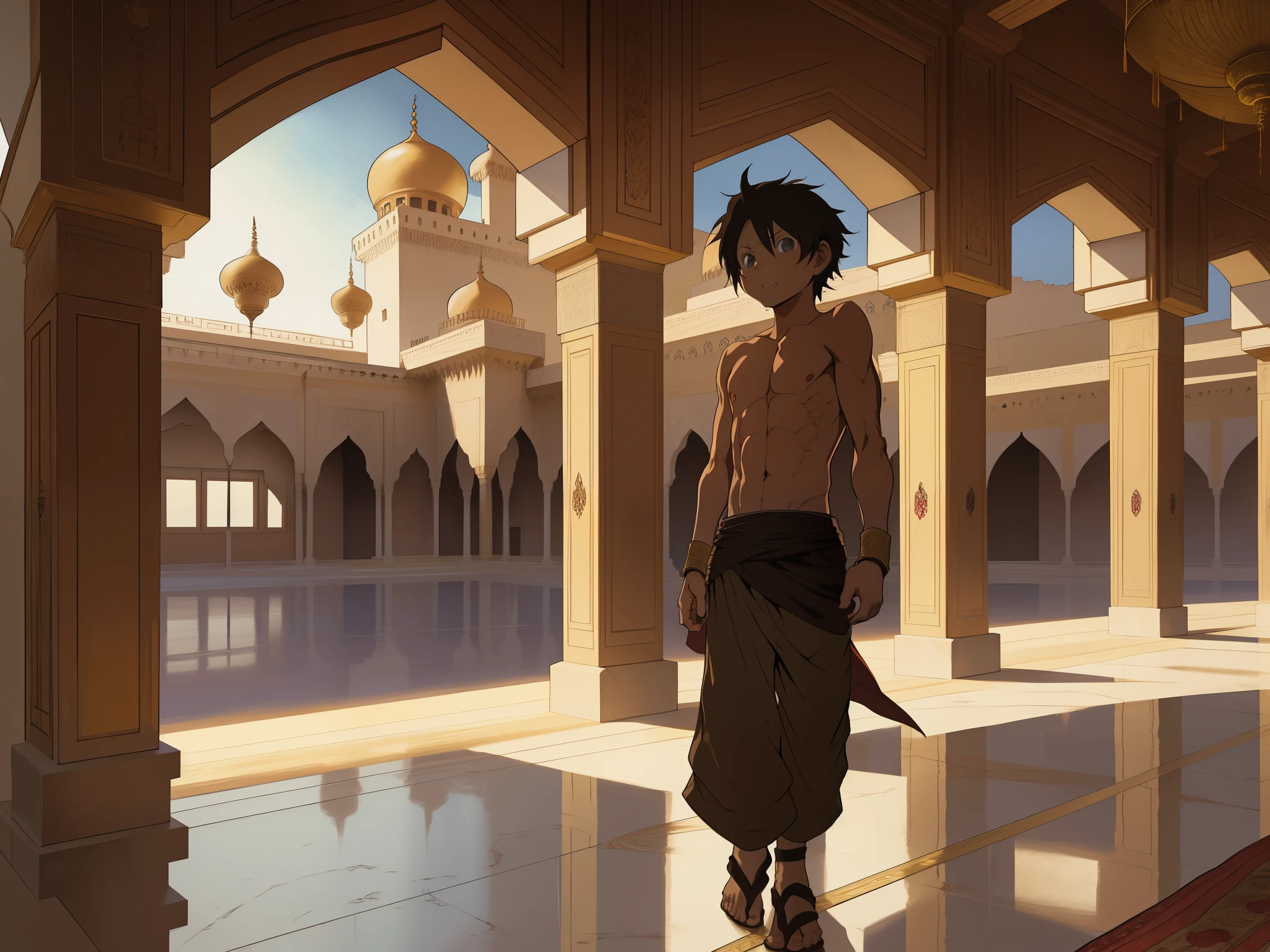 anime scene there is a 6-year-old boy without a shirt, he is a dirty gamin, hungry, he has sneaked into the palace, curious, walking around looking for something through the rooms and corridors and stairs of a luxurious Arab palace