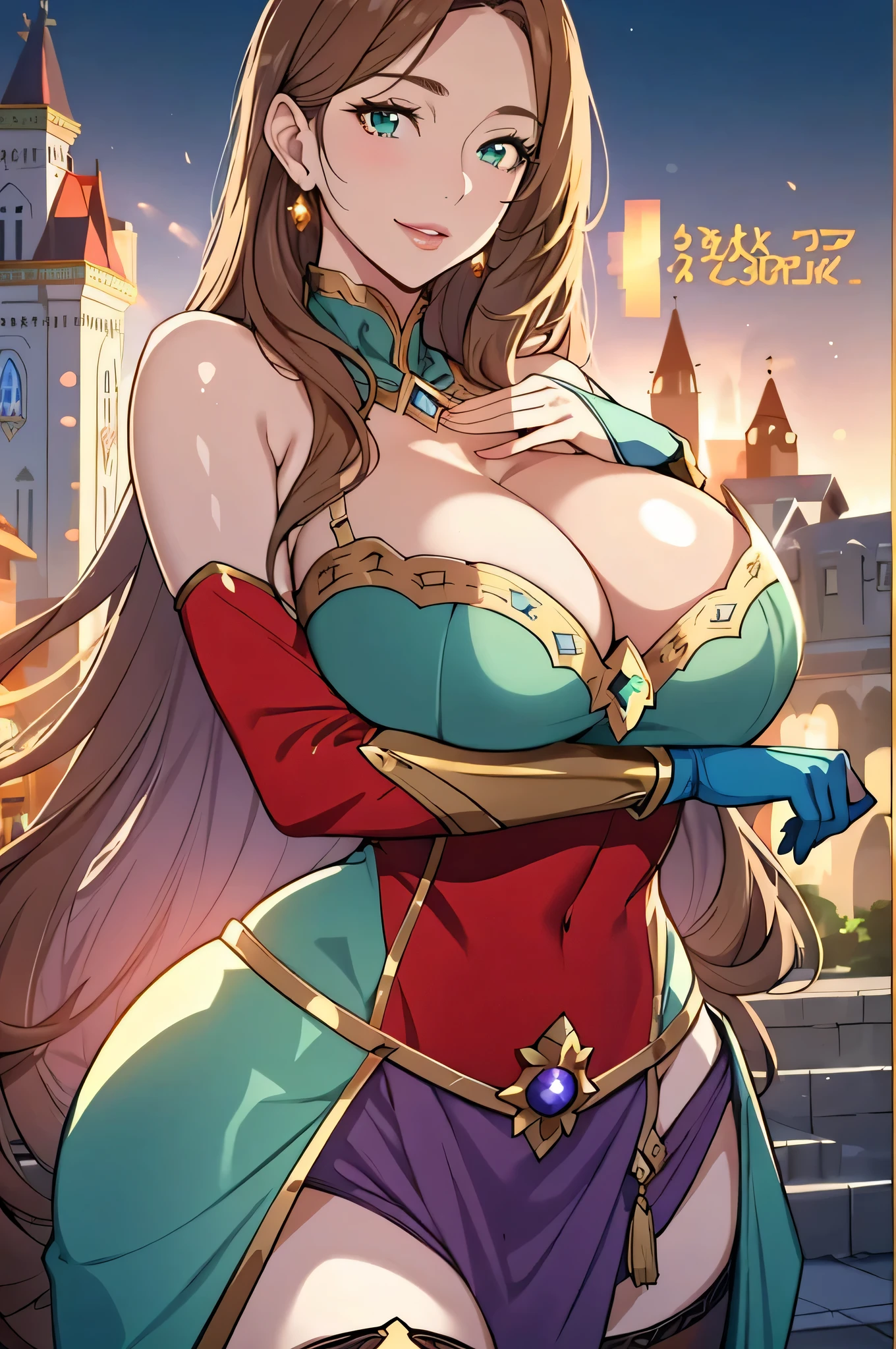 Lian, light brown hair, hair stick, bangs, green eyes, solo, smiling, standing, upper body, hips, bare shoulders,purple thighhighs, light blue dress, gold jewelry,armor,gloves,circlet, cleavage, red and gold royal castle, gigantic breasts, (best quality, masterpiece, beautiful and aesthetic:1.2, highest detailed face, perfect face,)  eyes, perfect face,expressive eyes,
looking at viewer, in the center of the image,(Upper_body),(Focus on her face),
official art,extremely detailed CG unity 8k wallpaper, perfect lighting,Colorful, Bright_Front_face_Lighting,shiny skin, 
(masterpiece:1.0),(best_quality:1.0), ultra high res,4K,ultra-detailed
