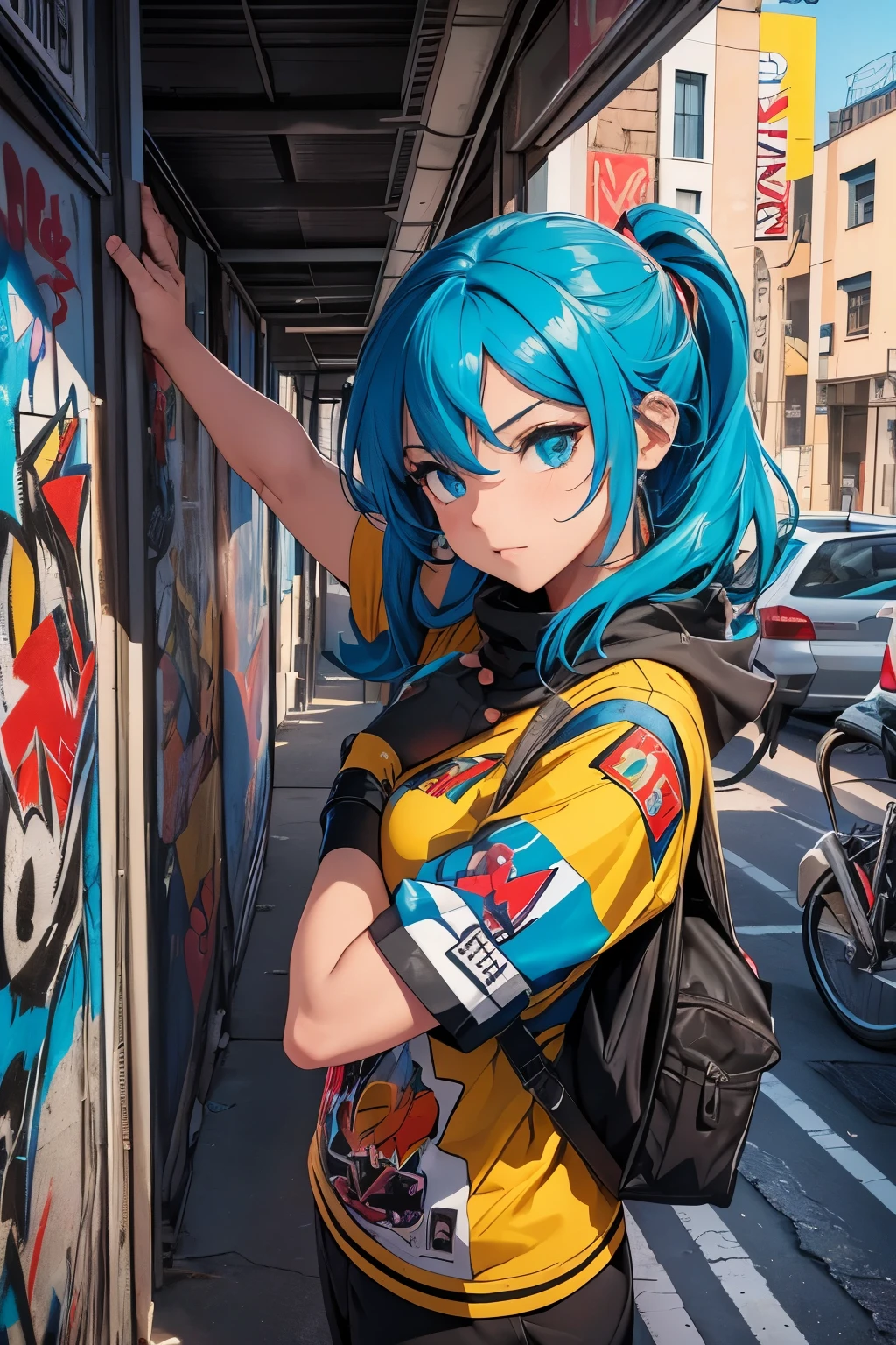 (melhor qualidade,4k,8K,high resolution,obra de arte:1.2),ultra-detalhado,(Realista,photoRealista,photo-Realista:1.37),graffiti style comic book,personagens exagerados e cores fortes,alto contraste,ambiente urbano,arte de rua detalhada,expressive illustrations,dynamic action scenes,comic book aesthetic,vibrant and energetic,linhas de movimento e efeitos sonoros,Pop Art Inspirado,Cores vivas e saturadas,Cityscape scenery,marked walls and buildings,grafiteiro criando arte,comic speech bubbles,sketched lines and texture,mensagens ocultas e simbolismo,poses and expressions of characters showing emotions,camadas sobrepostas de graffiti,subtitles and dialogue,imagination running wild,street culture and hip-hop influence,exploration of urban life,corajoso e cru,playful and rebellious,moda urbana,mistura de realismo e elementos de desenho animado,graffiti tags and famous superhero tags,personagens e personalidades grandiosas,misteriosas figuras mascaradas,letras de graffiti e tipografia,comic panels with sequential narrative,narrativa interativa e envolvente,unconventional storytelling techniques,temas subversivos e instigantes.