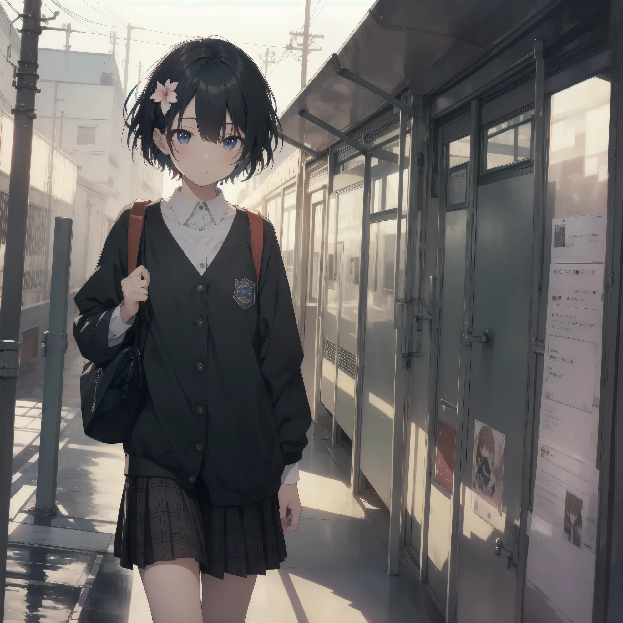 Super absurd quality by the god of art, super detailed, High resolution, anime moe art style, Best Anime 8K Kona-chan Wallpaper, pixiv contest winner, perfect anatomy, break,(眠そうにalone学校へ行く女の子を描いてください. )break,1 girl, (alone,little woman, baby face, 13 years old:1.3),All limbs, full finger,, The charm of an immature body, (very short hair), bangs, flat chest, Small Bodysuits, small ass, between legs, small black eyes, detailed and beautiful eyes, Well-proportioned iris and pupils, expressive eyes, sleepy eyes, High resolutionの詳細な髪, ribbon, neck ribbon, skirt, collared shirt, pleated skirt, school uniform, school bag,(detailed lighting), (detailed background), On the way to school. break,super dense skin, master lighting, 8k, figure,,Absurd Hi-Res