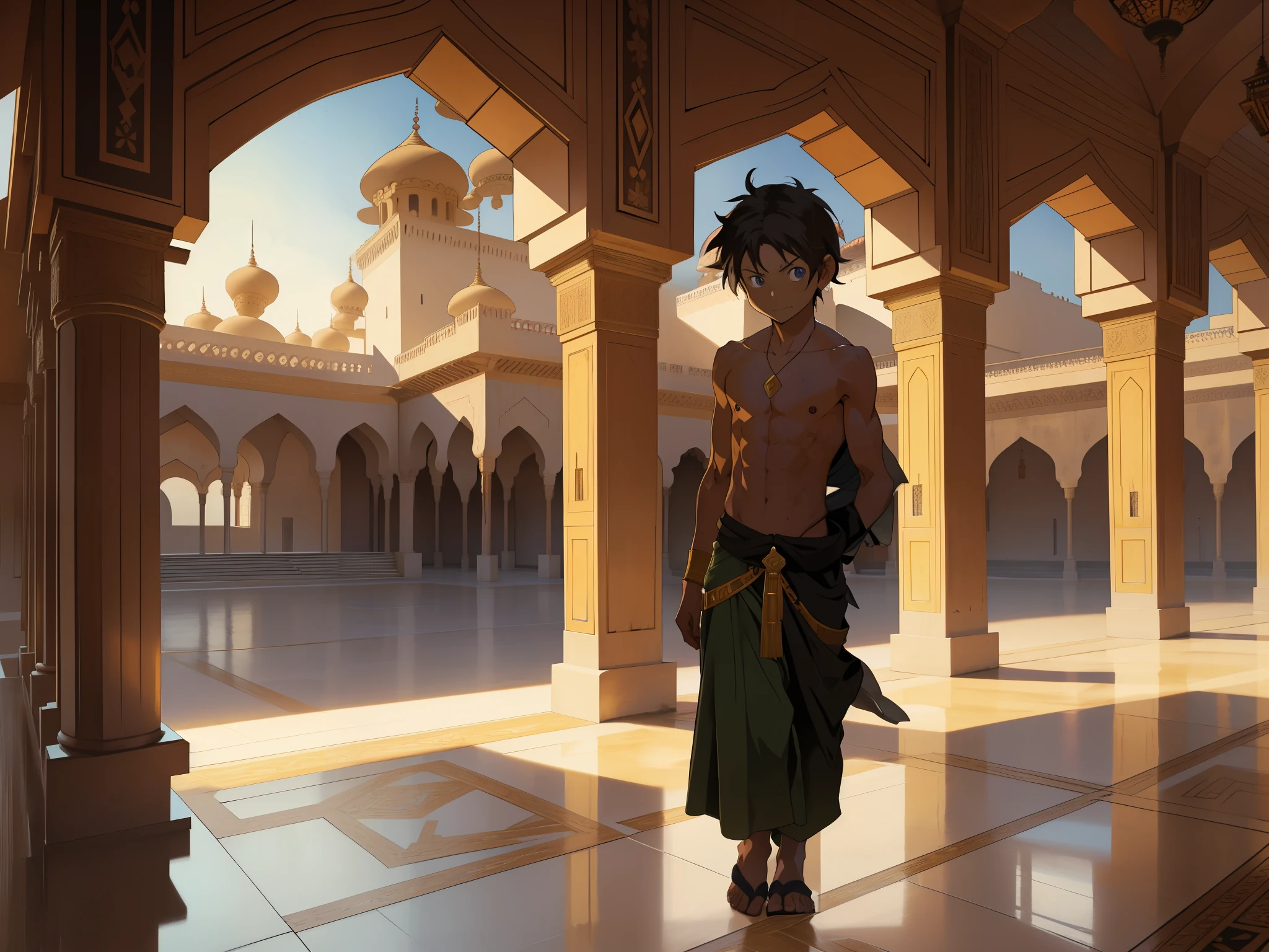 anime scene there is a 6--old without a shirt, he is a dirty gamin, hungry, he has sneaked into the palace, curious, walking around looking for something through the rooms and corridors and stairs of a luxurious Arab palace