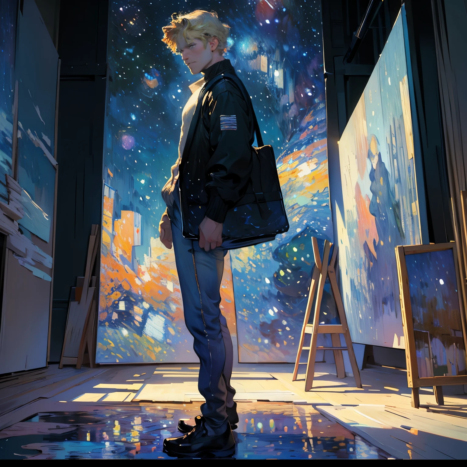 empty space landscape, masterpiece, highest quality, 4k, painting, detailed, figure, beautiful, high resolution figure, shine_white_particle,(Impressionism:1.4), vincent van gogh