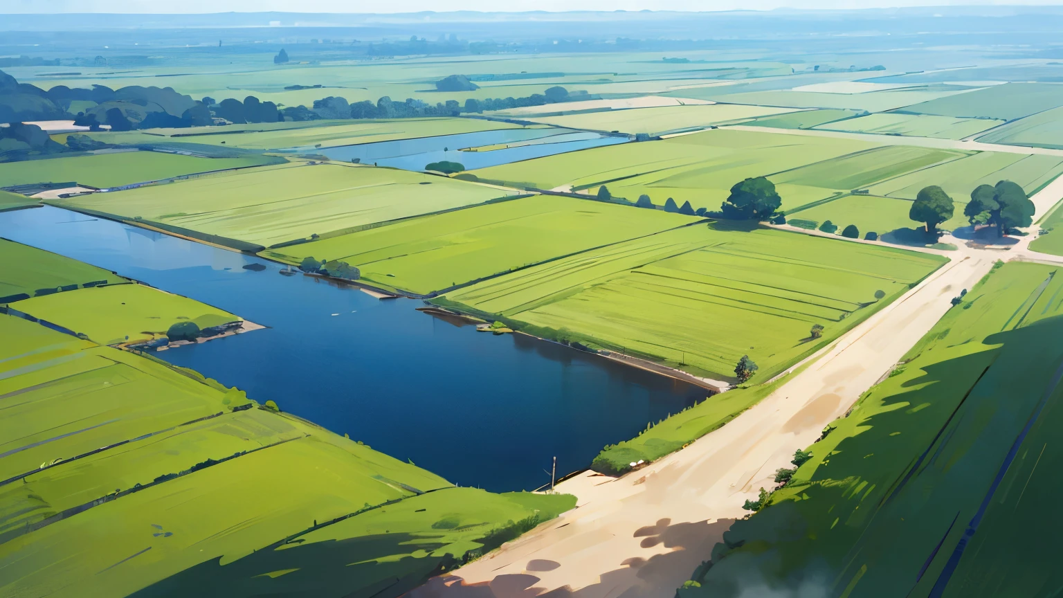 ((melhor qualidade)), ((obra de arte)), (detalhado), um campo silvestre extremamente verde, possui poucas arvores em sua extensao, acima no horizonte um intenso ceu azul de um dia ensolarado, the pasture is completely green, livre, there are no humans, there are no animals