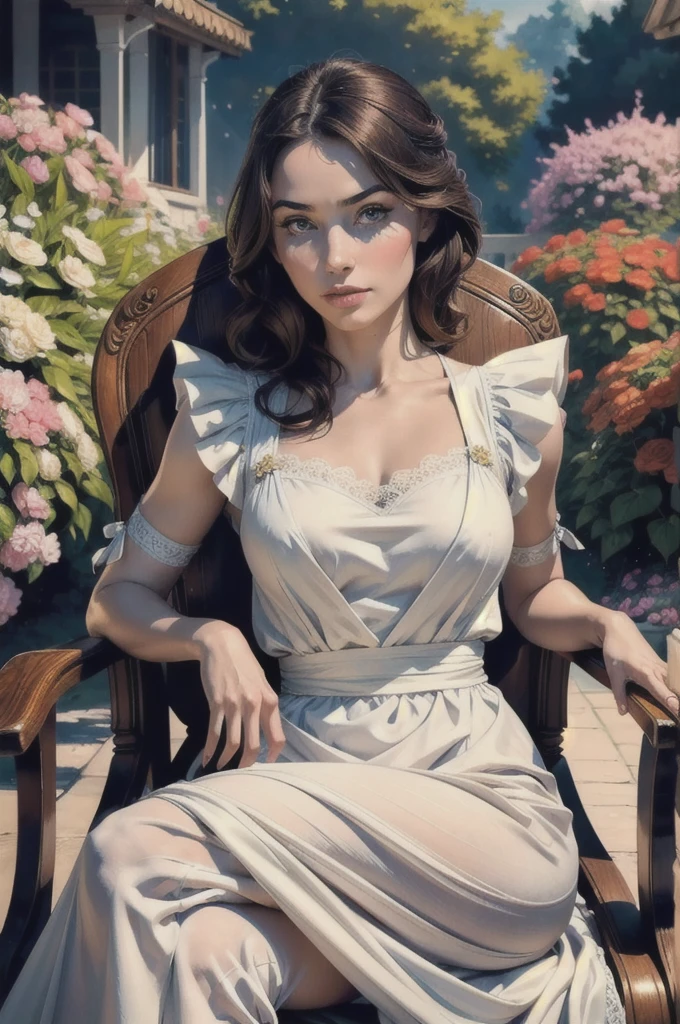 (best quality, highres, realistic:1.37), a girl dressed as a servant sitting with crossed legs, detailed eyes, detailed lips, extremely detailed face, long eyelashes, porcelain skin, delicate facial features, elegant posture, traditional maid uniform, white apron, black dress, beautiful lace details, sitting on an ornate chair, intricate patterns on the chair, a peaceful garden in the background, vibrant flowers in full bloom, soft natural lighting, a calm and serene atmosphere, a sense of tranquility and grace.