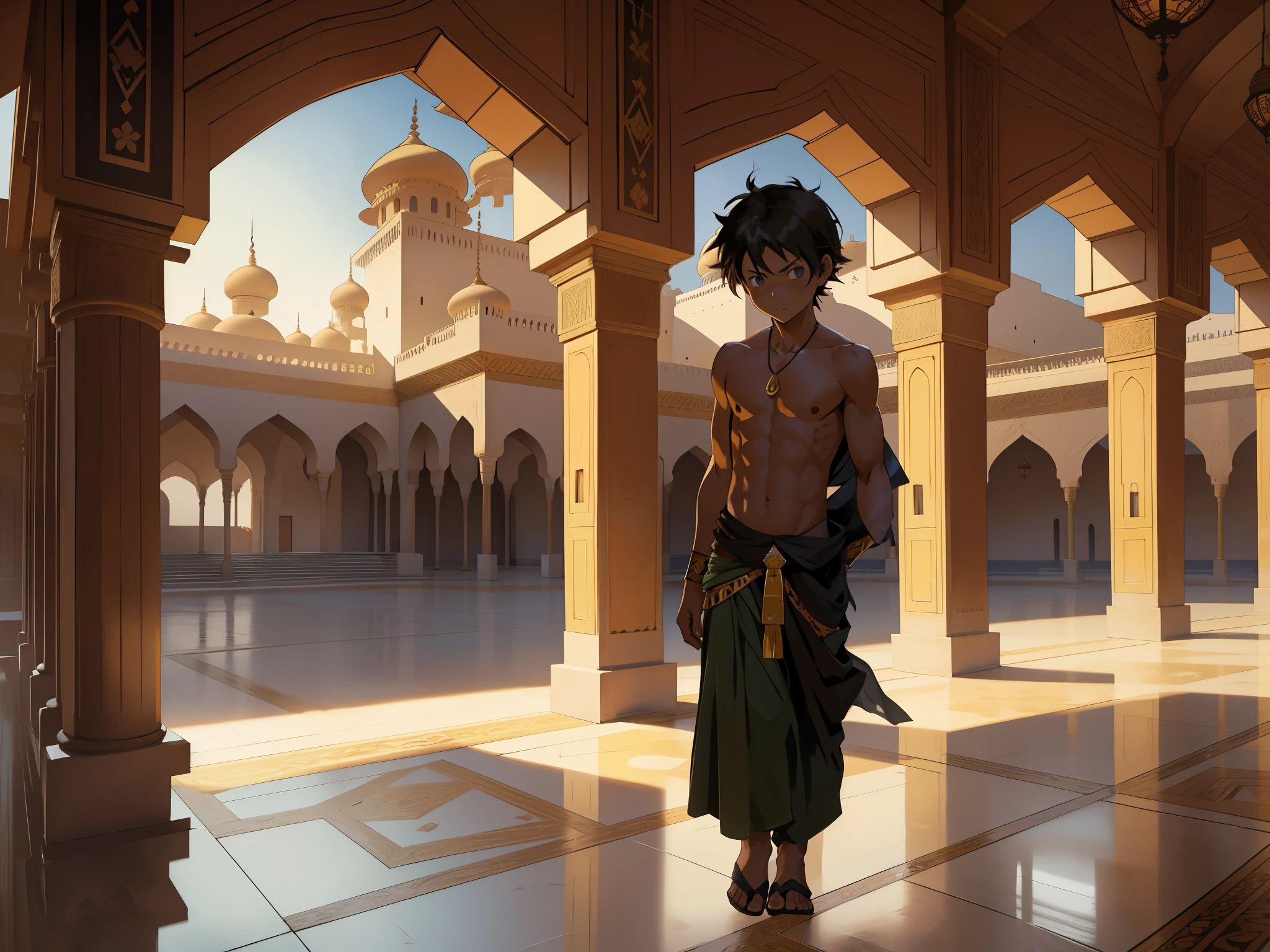 anime scene there is a 6--old  without a shirt, he is a dirty gamin, hungry, he has sneaked into the palace, curious, walking around looking for something through the rooms and corridors and stairs of a luxurious Arab palace 