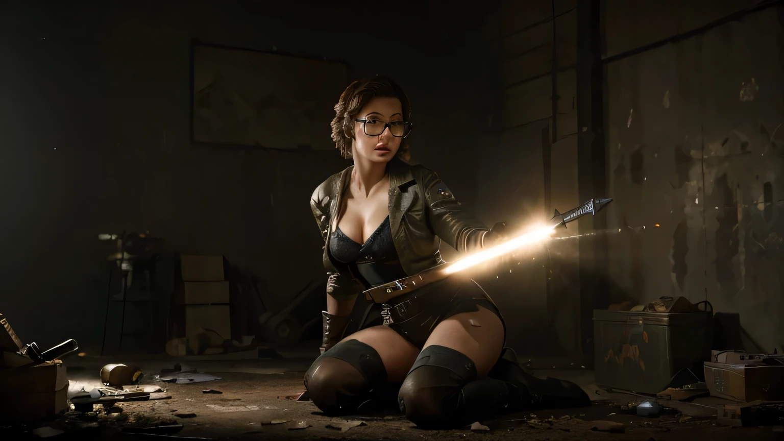 (best quality,4k,highres,masterpiece:1.2),ultra-detailed,(realistic,photorealistic,photo-realistic:1.37),HDR,UHD,studio lighting,extreme detail description,professional,vivid colors,bokeh,portraits,fallout 4 themed,beautiful woman,dynamic,photography,dramatic lighting,variety of weapons,sensual,torn,knives,glasses