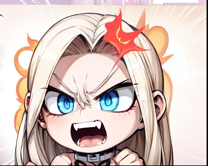 Blonde hair, black heart choker, blue eyes, angry, open mouth, fang, fists, fire in the back