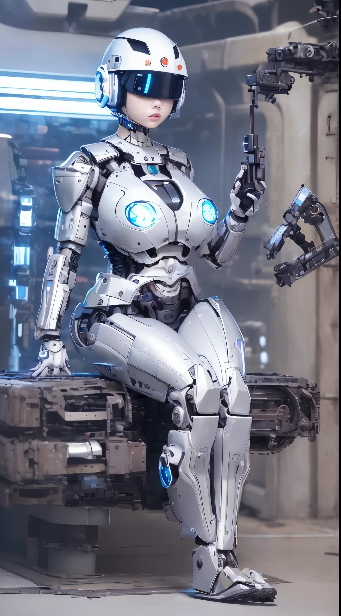 best ever、8k,(((Full body Esbian)))、(((plump breasts:1.3)))、(((luster)))、(((Metal)))、(((とてもlusterのある、Very hard armor)))、(((cyberpunk)))、Cute beauty of mecha(highest quality, Detailed details, table top, , 8k, chiaroscuro,big breasts、Bust photos are super realistic, Highly detailed Nikon videography )、beautiful navel、Human skin type、((very photorealistic human))、(round eyes)、The detail of the iris of the pupil is amazing、precise fingers、故障のない手feet、(((Caucasian 21 years old, woman)))、((Very fair skin,,,,,,,,,,,,,,))、natureに閉じた口、natureな乳輪、nature 、staring eyes、natureな体、baby face、womanらしい顔立ち、womanらしい体、(With a round face)、small face、soft cheeks、looking at camera、Full body Esbian、、Beautiful and shining nature eyes、Human skin type、((very photorealistic human))、(round eyes)、The detail of the iris of the pupil is amazing、故障のない手feet、natureに閉じた口、natureな乳輪、nature 、staring eyes、natureな体、Slightly baby-faced、womanらしい顔立ち、womanらしい体、With a round face、small face、soft cheeks、looking at camera、Full body Esbian、balanced face、drooling eyes、(It's not the kind of eye that blinds you.)、Body with human-like proportions、(((slightly longer arms)))、(fairly long torso)、(((slightly larger hands)))、human face、(((Shining blue light blue silver hair)))、(((cool and cute short haircut)))、(((The background is the future)))、(((8 heads and bodies)))、(((purple eyes)))、(((thin, thin silver eyebrows)))、(((thin eyebrows)))、Looking at this、Gentle double eyelids、(((kind face)))、(((Background Mecha)))、blade runner、(((Possession of a machine gun:1.5)))、(((Machine gun firing:1.4)))、(((Hold a machine gun:1.6)))、(((mechanical headgear:1.3)))、(((Mechanical helmet covering the eyes:1.5)))、(((robocop:1.3)))、ghost in the shell、tron、space detective gavan、knock、police officer、(((night background)))、(((no makeup)))、(((Hollywood science fiction movie quality)))、(((New York in 5000 AD)))、((teal and orange))、Height: 164cm、Leg length 80cm、Head length is 21cm、,very subtlyXfeet、cool pose、Evangelion、rei ayanami、(((Cloudy)))、battle preparation