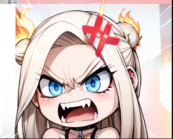 Blonde hair, black heart choker, blue eyes, angry, open mouth, fang, fists, fire in the back