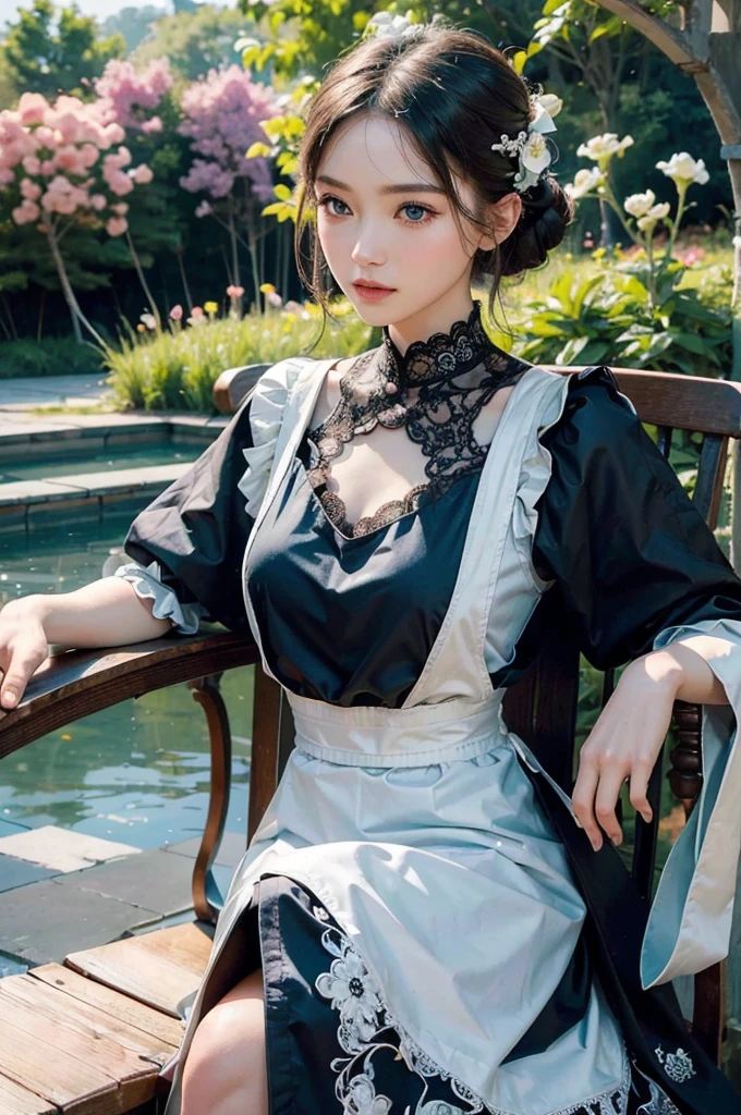 (best quality, highres, realistic:1.37), a girl dressed as a servant sitting with crossed legs, detailed eyes, detailed lips, extremely detailed face, long eyelashes, porcelain skin, delicate facial features, elegant posture, traditional maid uniform, white apron, black dress, beautiful lace details, sitting on an ornate chair, intricate patterns on the chair, a peaceful garden in the background, vibrant flowers in full bloom, soft natural lighting, a calm and serene atmosphere, a sense of tranquility and grace.
