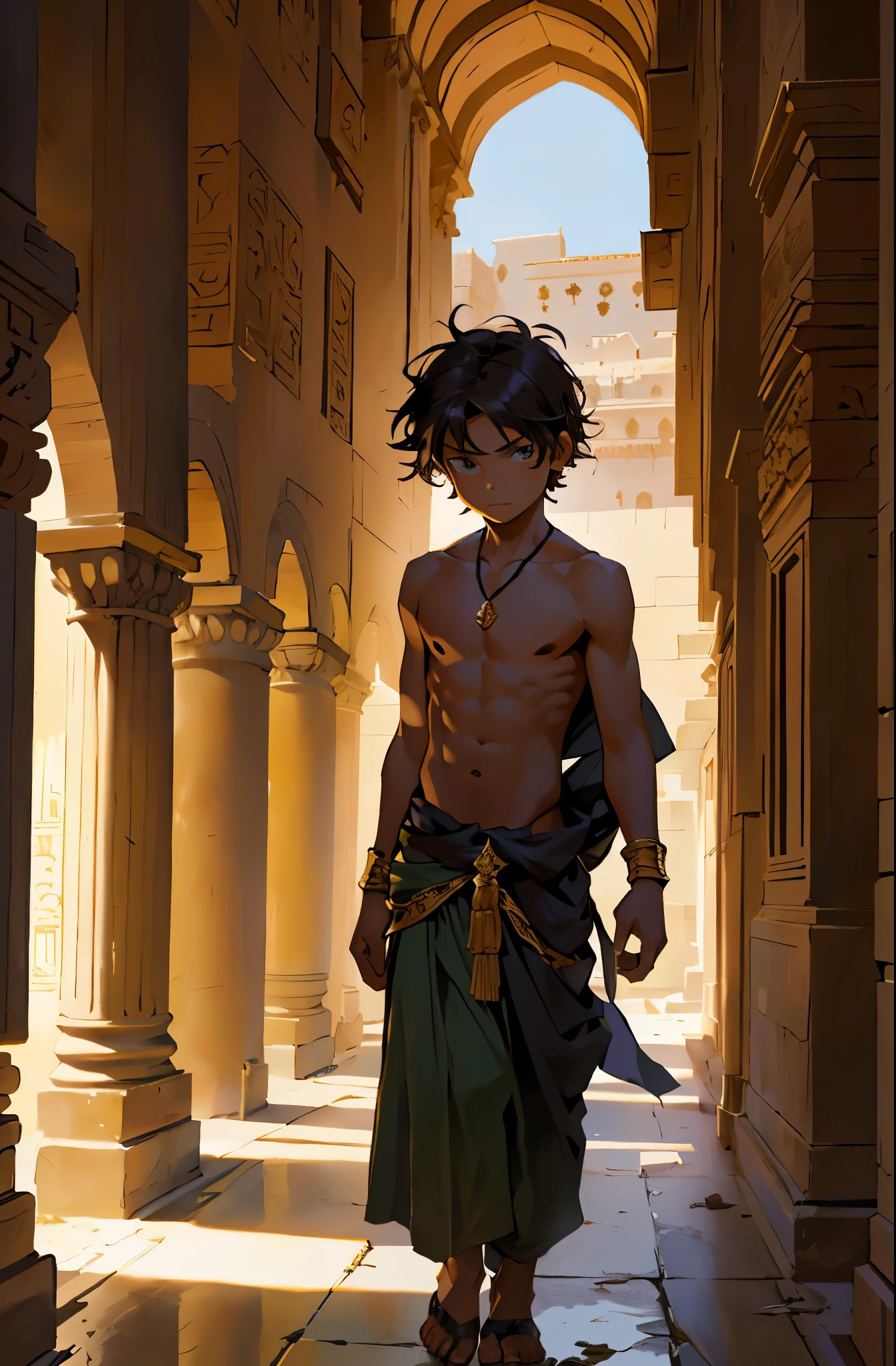 There is a 6-year-old man without a shirt, he is homeless, he sneaked into a palace