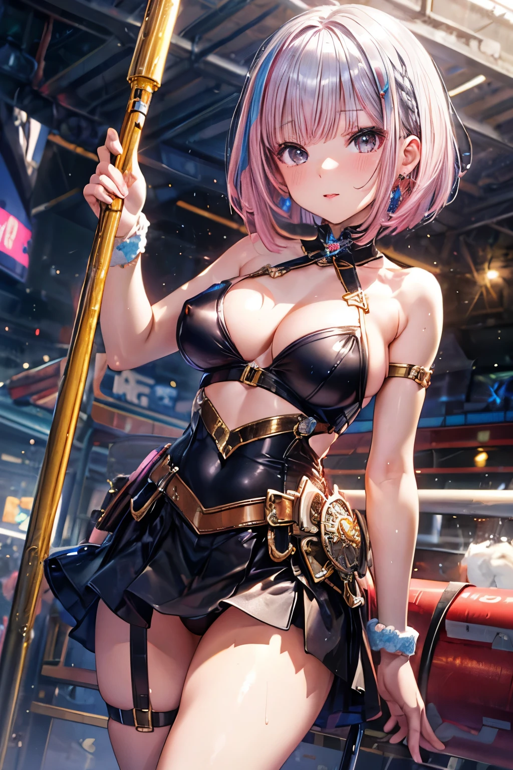 ((silver tube top)), sexy, ((highest quality)), ((masterpiece)), (be familiar with), perfect face, 8k, cowboy shot, ((pink hair)), bob cut, black eyes, beautiful princess, Metallic costume, black skirt, visible nipples,