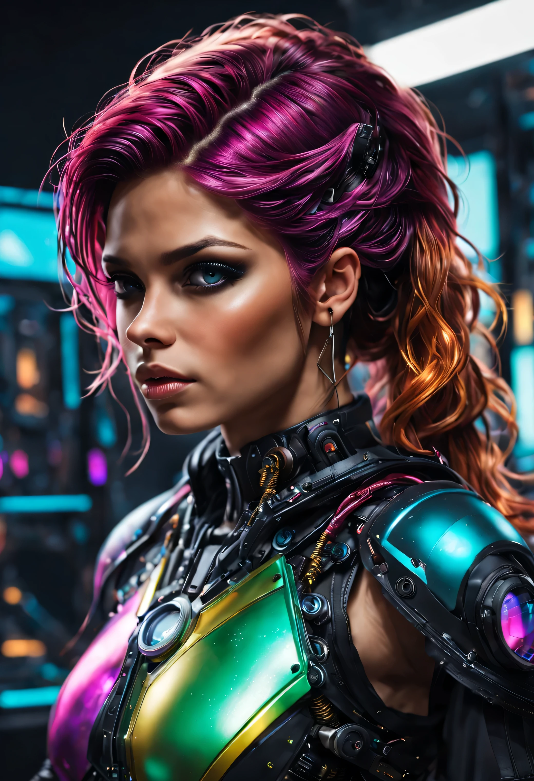 ((Mejor calidad)), ((Obra maestra)), (muy detallado:1.3), 3D, hermoso (ciberpunk Plano entero:1.3) Hacker femenina hermosa y sensual ,con cabello estilo mihicano y voluminoso varios colores ,operando una terminal de computadora, Computer servers, pantallas LCD, cables de fibra optica, logotipos corporativos,HDR (High dynamic range),trazado de rayos,NVIDIARTX,super resolution,irreal 5,Subsoil Dispersion,PBR texturizado,Postprocesamiento,Anisotropic filtering,Profundidad de campo,Maximum clarity and sharpness,texturas multicapa,Mapas de Albedo y Especulares,Sombreado de superficie,Accurate simulation of the interaction between light and material....,proporciones perfectas,renderizado de octanaje,two tone lighting,ISO bajo,Balance de blancos,Regla de los tercios,amplia apertura,8K CRUDO,Efficient subpixel,Subpixel Convolution,Luminous particles,Escenario cyberpunk Plano entero.
