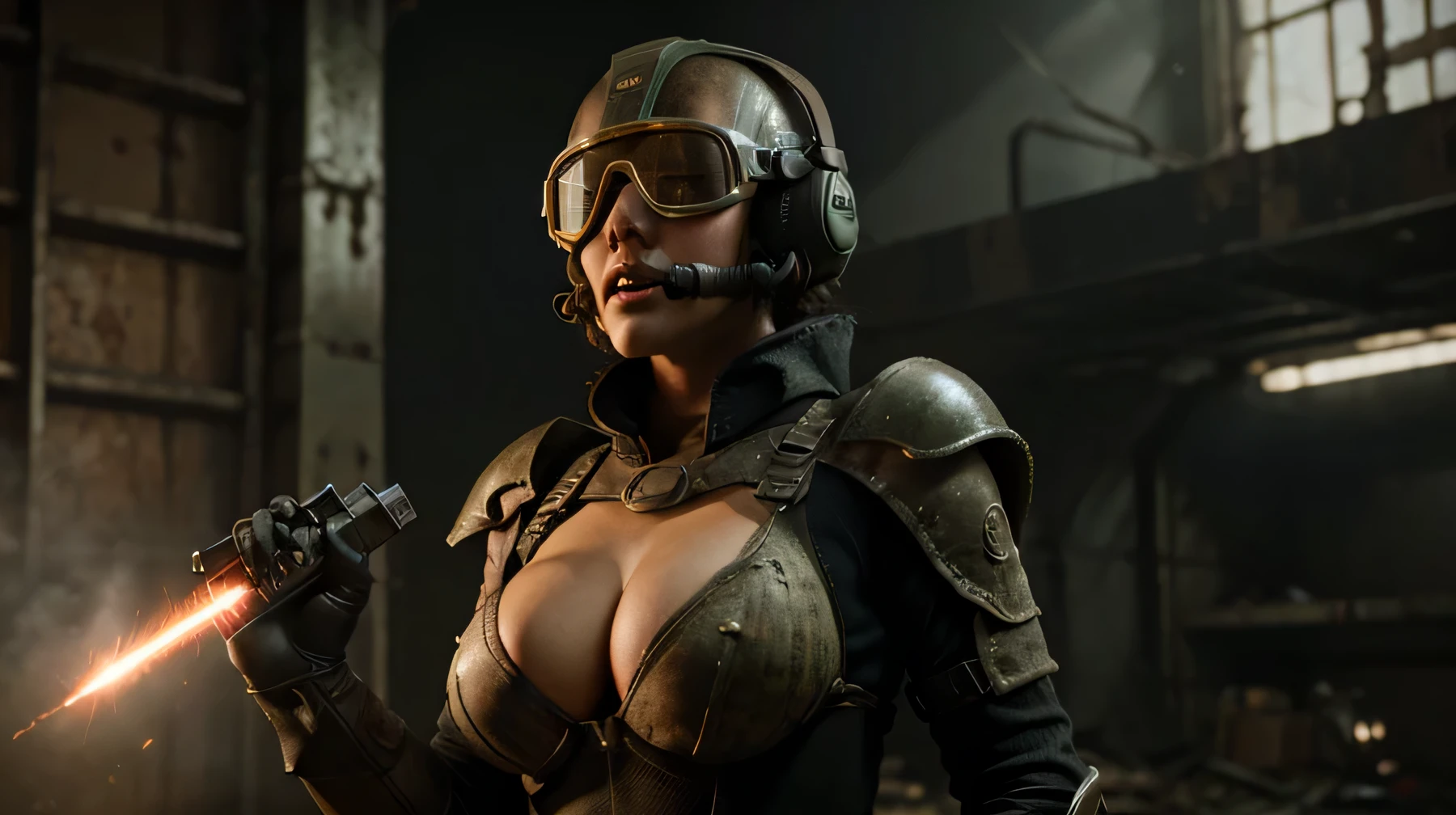 Sexy fallout 4 wallpaper, vivid,realistic,revealing,armor,weapon,knives,lasergun,sheathed,goggles,helmet,body,side boob