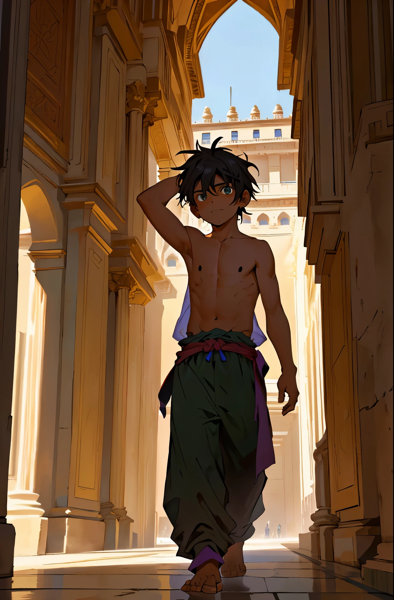 There is a 6-year-old man without a shirt, he is homeless, he sneaked into a palace