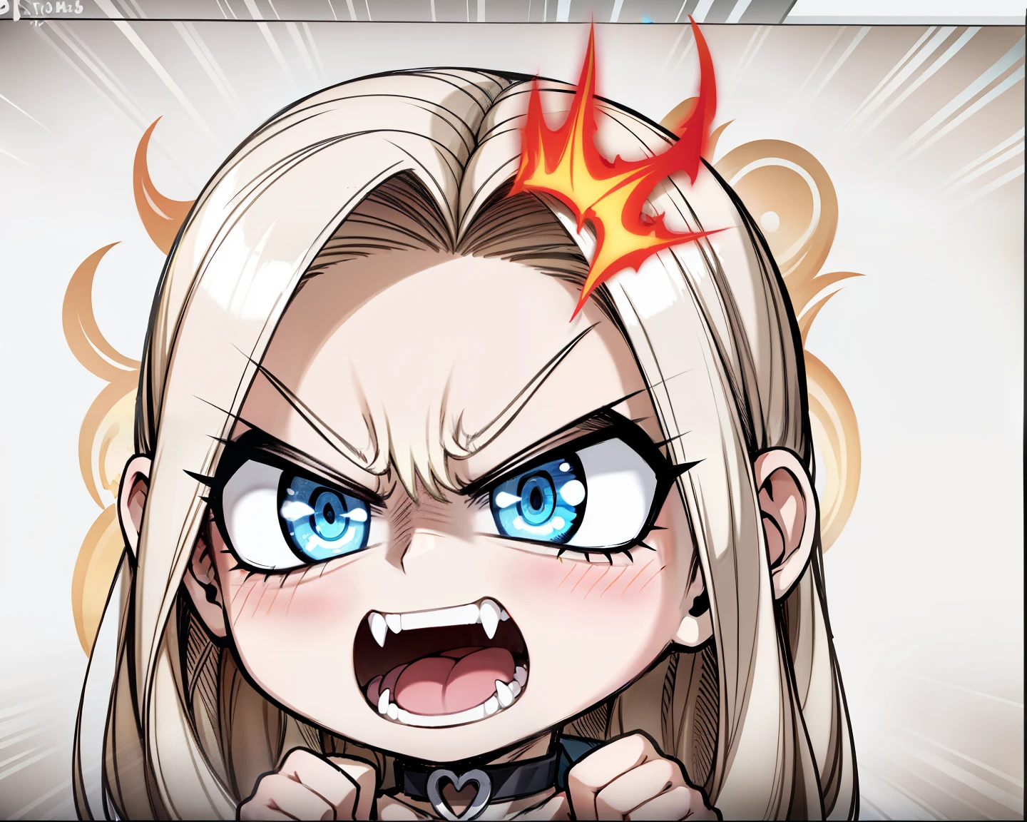 Blonde hair, black heart choker, blue eyes, angry, open mouth, fang, fists, fire in the back