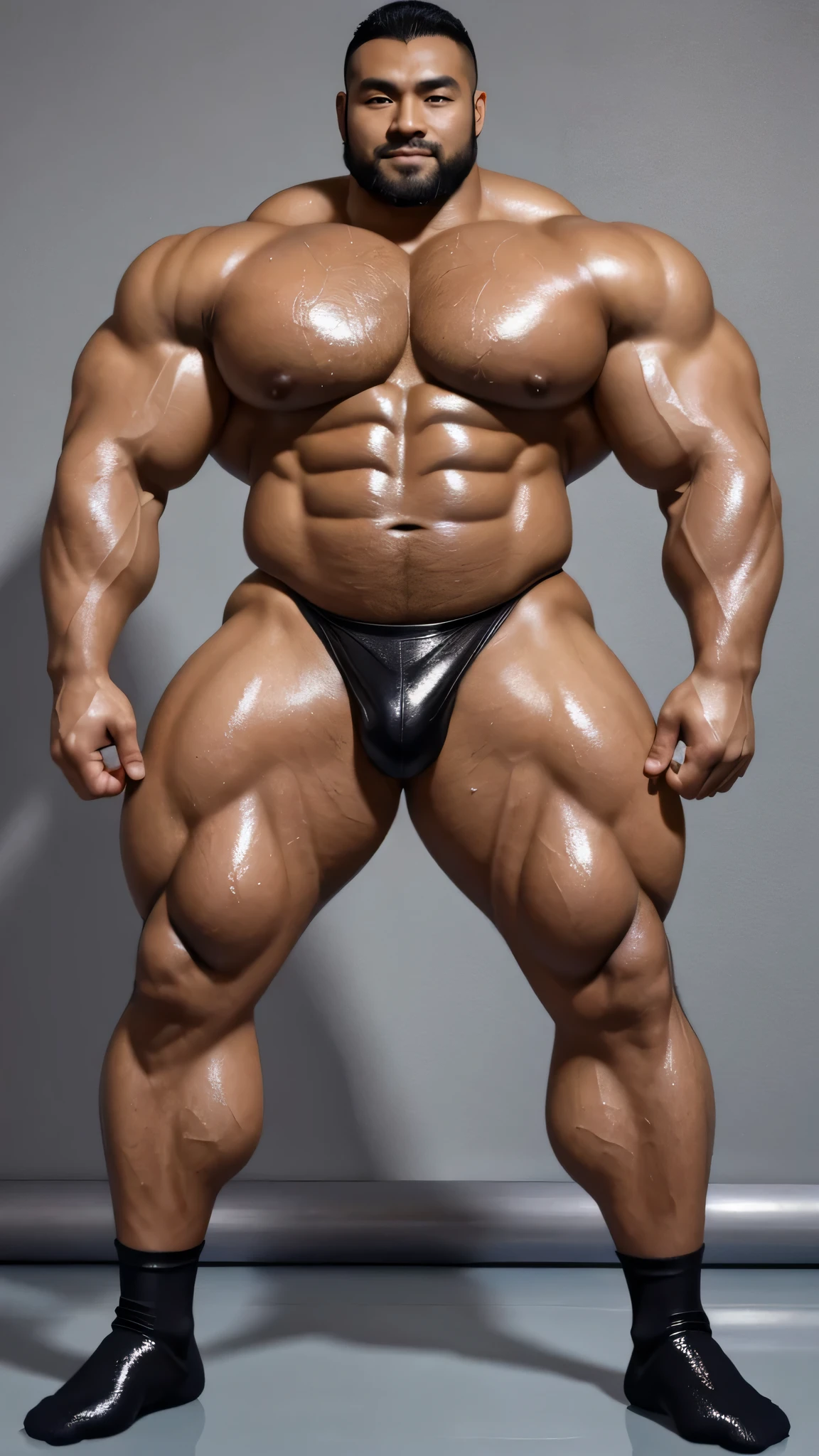 一位中国bodybuilding运动员，30 years old，High, bodybuilding，short hair, O-shaped beard，Perfect body, Dark and shiny complexion，Muscle bulge, muscular, Very big pecs，Very ???? abs，Leg muscles are very developed，Tall and handsome，Huge bumpy area，Brighten oily skin，Wearing a gold leather shiny ?????,handsome face，Detailed facial features, Correct and accurate male ???????, full-body shot, Large pecs, Wet oil wax gloss for oily muscles and skin，wear black socks，standing in front of gray background board。

