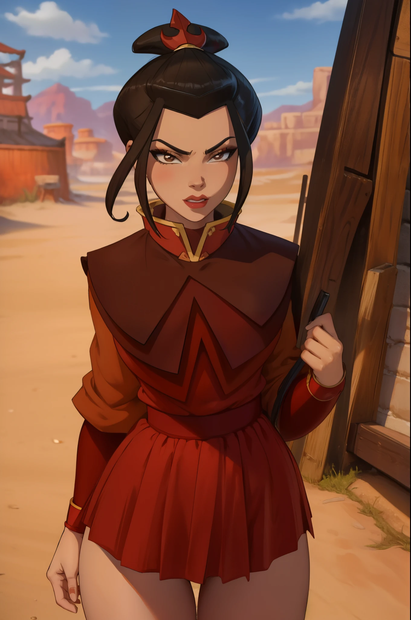 Beautiful, Masterpiece, Best Quality, extremely detailed face, perfect  lighting, Cowboy shot, 1girl, Azula, the perfect body, taut clothes, seductive, pomade, makeup, looking a viewer, wide thighs