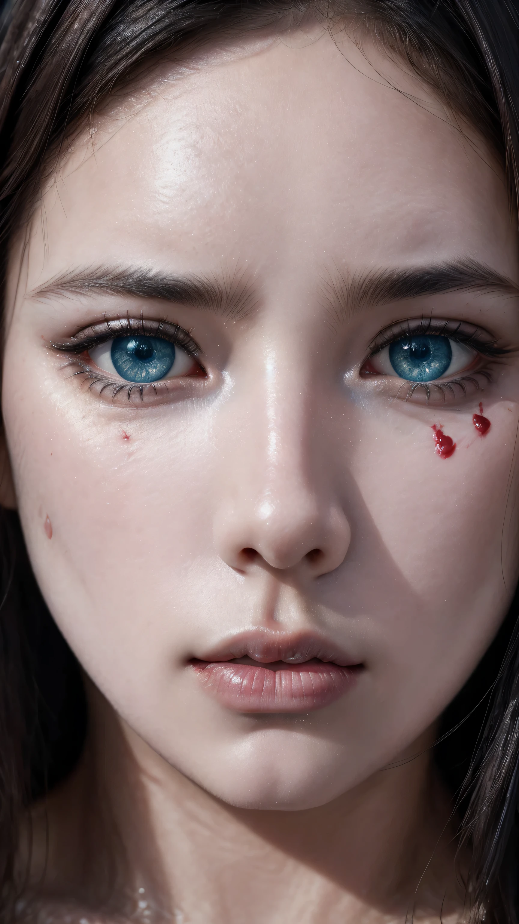 Try this //// beautiful 20 year oldm woman (Bleeding from part of the face:1.5)、 looking at viewer, portrait, (textured skin, skin pores:1.2), (moles:0.8), (imperfect skin:1.1), intricate details, goosebumps, flawless face, ((close up of eyes)), ((aqua_blue_eyes:1.3))、(photorealistic:1.2), (raw,8k:1.2), hyper realistic, (Detailed nose:1.2)、(最high quality, 8K, table top, Ultra HD), cinematic, dark, slate atmosphere, ((macro lens)), (extremely beautiful face:1.5)、(super detailed face:1.5)、(super detailed eyes:1.66)、(detailed lips:1.22)、