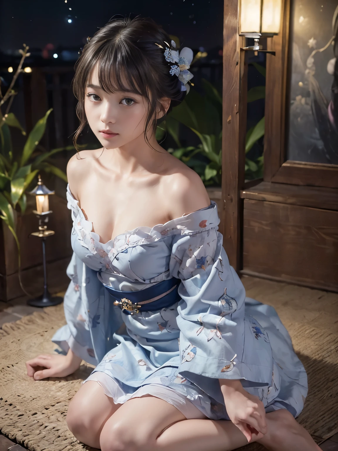 (masterpiece,Super detailed,8k,highest quality:1.5),((So cute)),best image quality, two dimensional beauty,sensual figure,intricate details,charm, realistic texture, charmな,(moonlight、firefly light:1.3),(blue yukata),I can see your shoulders、beautiful and delicate hands,sitting with knees closed