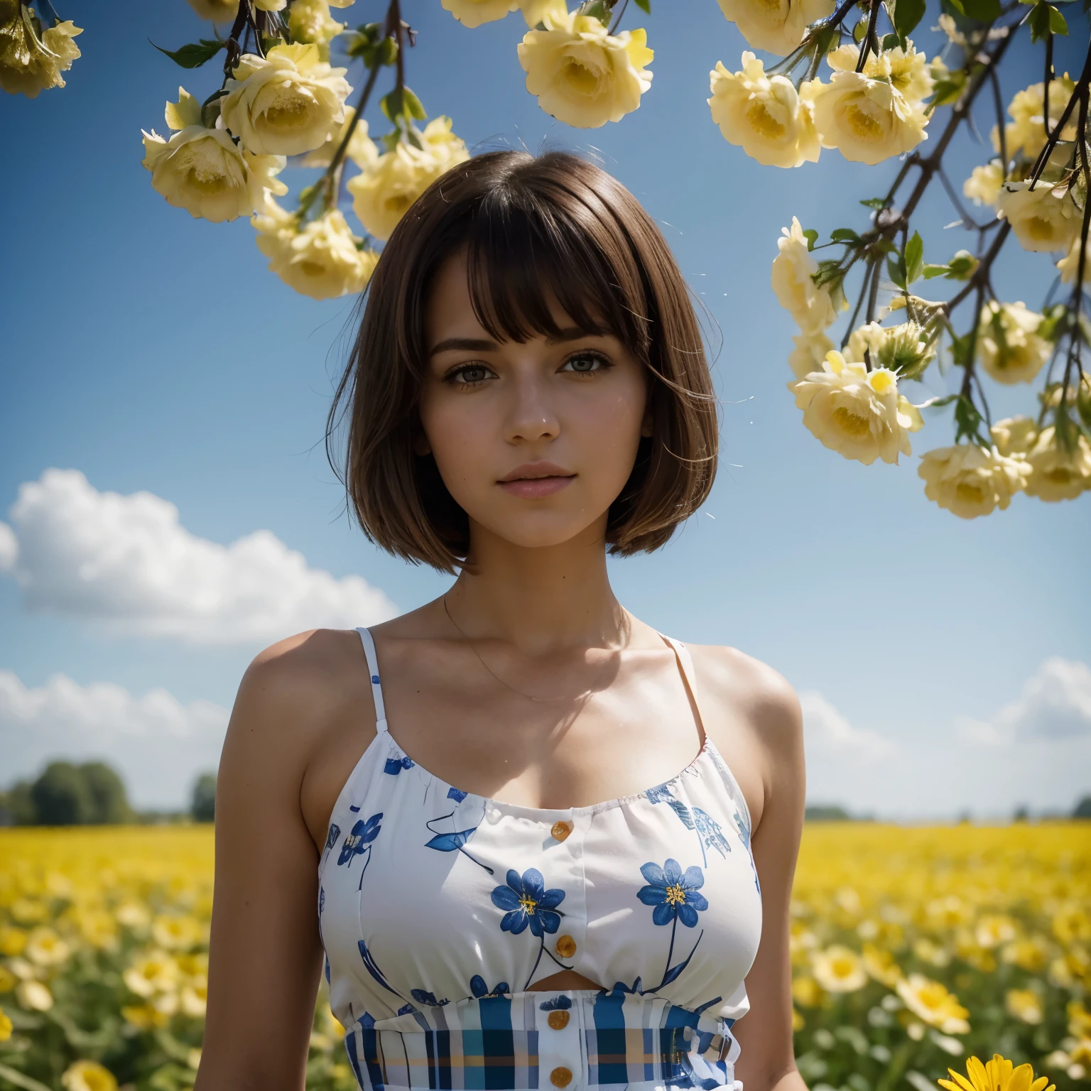 (((Anna Van der Vaart))), RAW photo, beautiful 26 y.o woman, cute face, very hot, wonderful goddess, shoulder-length black hair, bangs in front, brown eyes, wearing white and blue retro checkered clothes, yellow flowers on clear sky background, low angle shot, medium shot, high quality photo