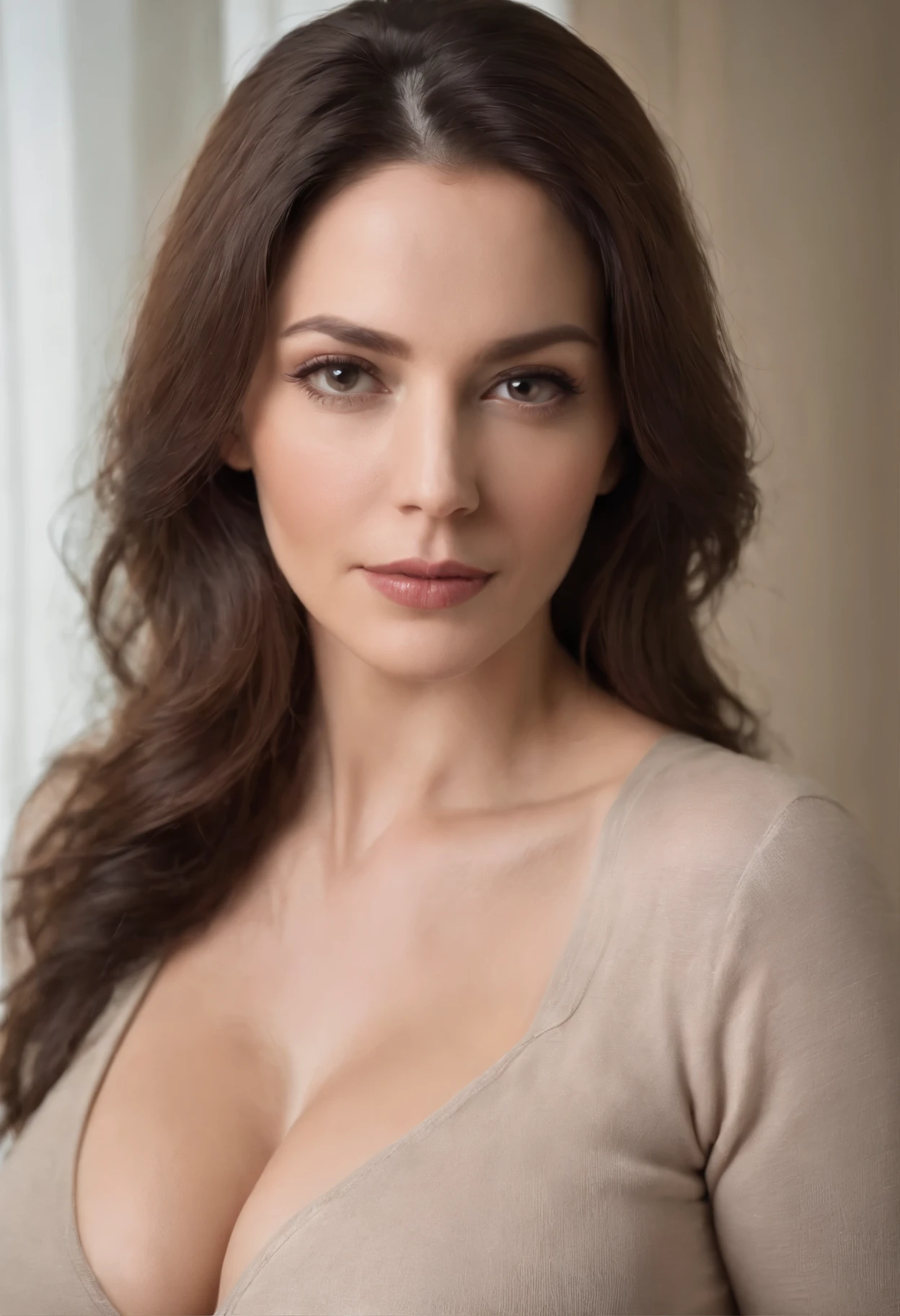 Sexy woman 50years old very mature woman very pretty well-groomed big breasts firm breasts plus size woman round hips very sexy woman photo at squeezing tight sweater longdark hair