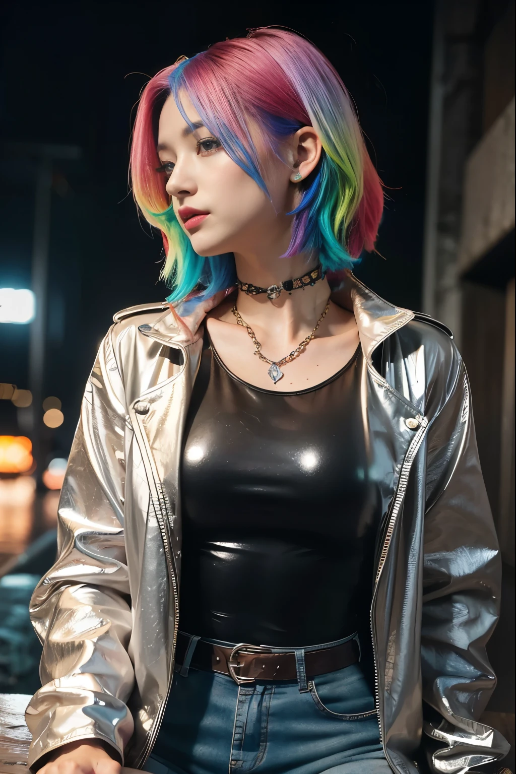 solo girl,very heavy rain,back alley at night,Soaking wet tomboy,earrings,punk rock fashion,open jacket with chain,punk rock shirt,punk rock pants with chain,chain accessories,choker,(My whole body is soaked,Rainwater dripping from the face,wet face,wet hair,wet and shiny skin,Soaking wet costume,),(Shining silver and orange hair,short ponytail),(Composition of the princess's face,Big eyes,pointed lips,red lipstick,cute round face,A smile that makes people happy,恥ずかしさでblushする,blush,),Digital single-lens reflex camera,(8K quality,table top,highest quality,Ultra high resolution output image,),intricate details,(High-definition raw photos:1.3),(Image mode Ultra HD),squat
