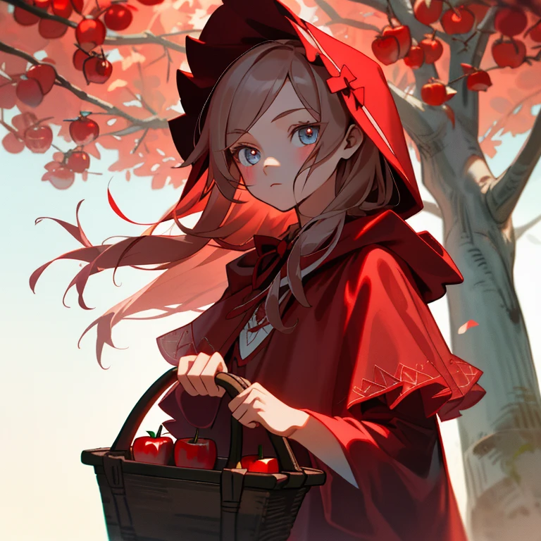 make a girl, Red Riding Hood,apple basket,trees,detailed eyes,pointed nose