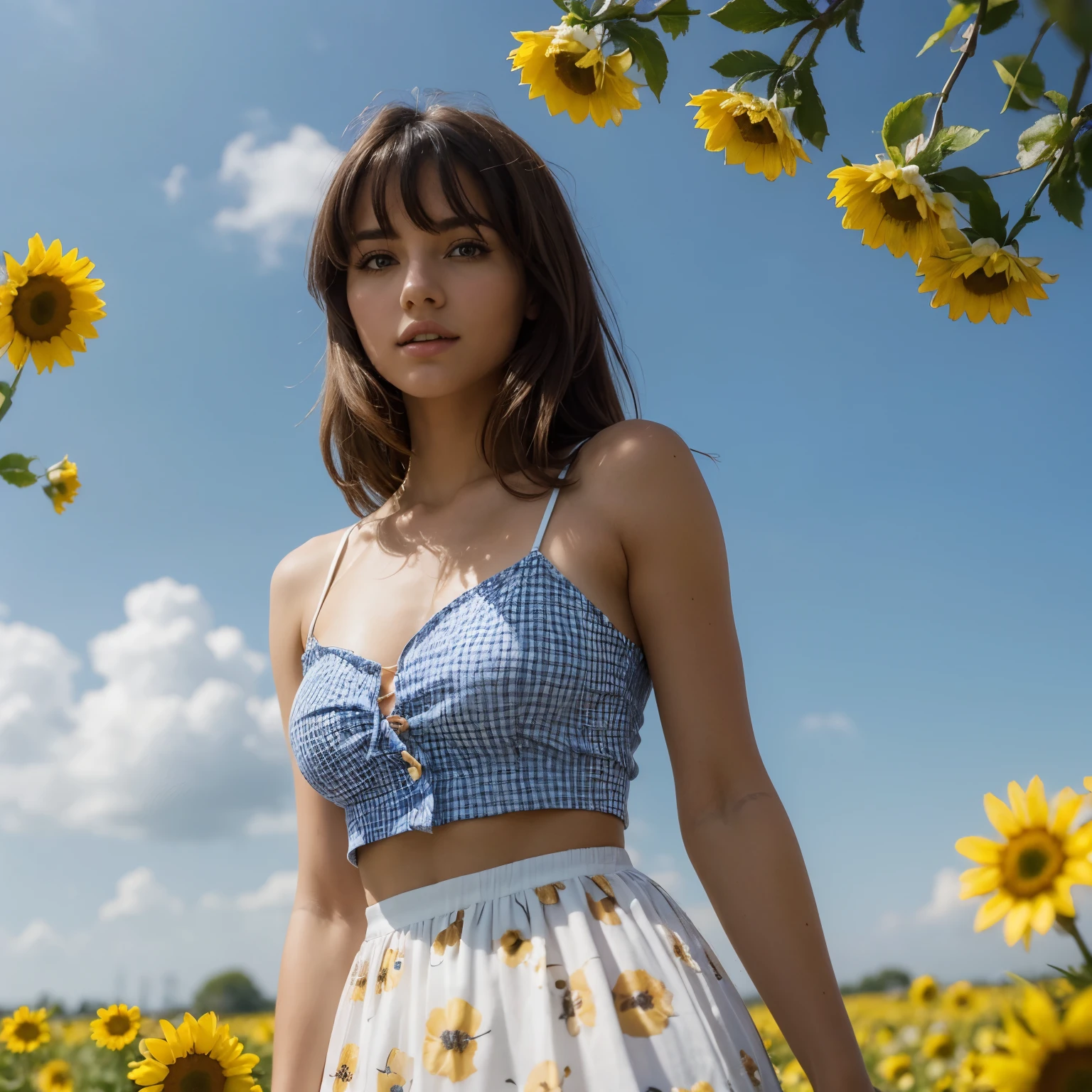 (((Anna Van der Vaart))), RAW photo, beautiful 26 y.o woman, cute face, very hot, wonderful goddess, shoulder-length black hair, bangs in front, brown eyes, wearing white and blue retro checkered clothes, yellow flowers on clear sky background, low angle shot, medium shot, high quality photo