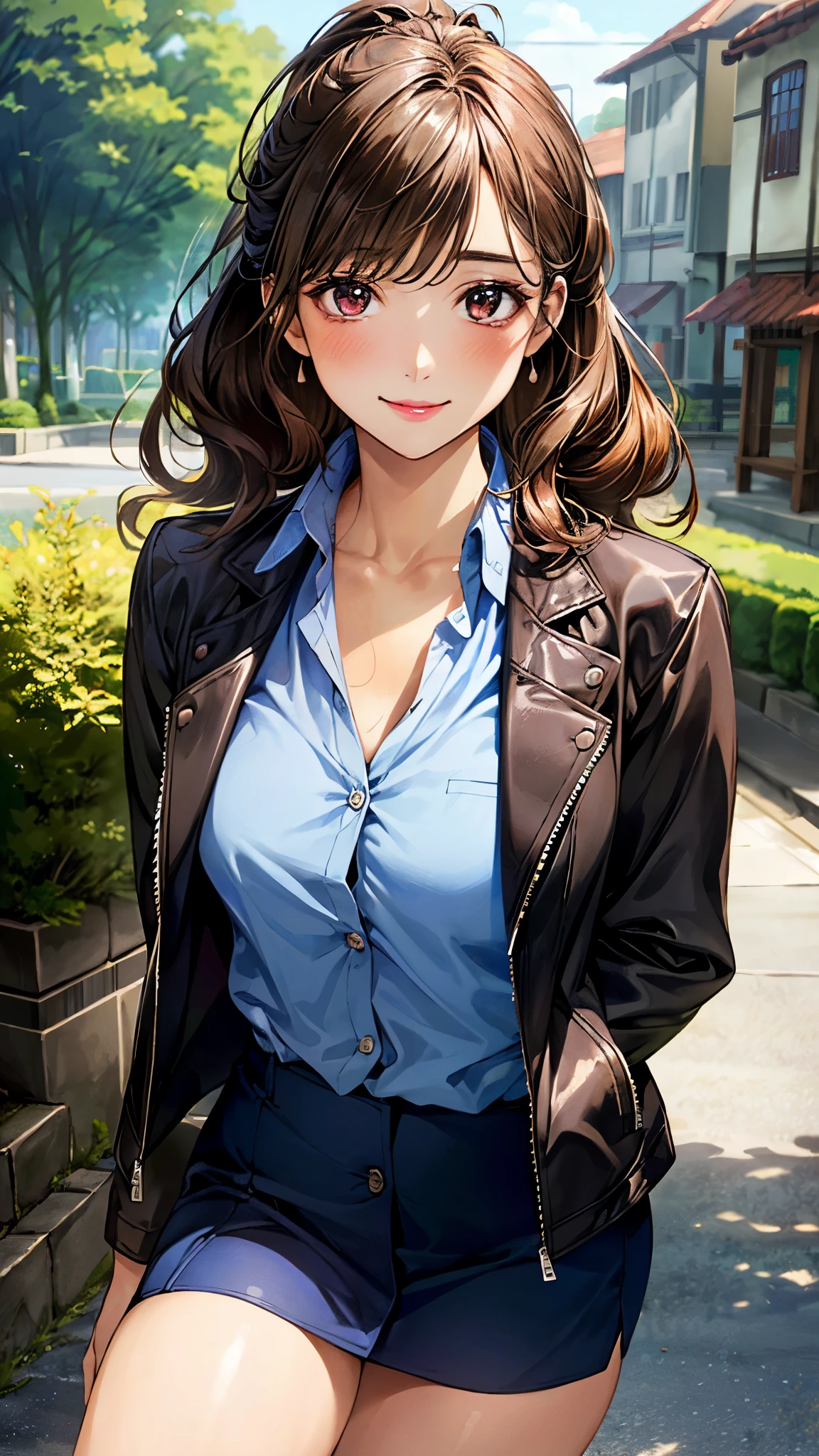 (masterpiece:1.2, top-quality), (realistic, photorealistic:1.4), beautiful illustration, (natural side lighting, movie lighting), , 
looking at viewer, 1 girl, japanese, perfect face, cute and symmetrical face, shiny skin, 
(long hair, curly hair, ponytail, brown hair), brown eyes, long eye lasher, (large breasts, thick thighs), 
beautiful hair, beautiful face, beautiful detailed eyes, beautiful clavicle, beautiful body, beautiful chest, beautiful thigh, beautiful legs, beautiful fingers, 
button down shirt, ((blue checked shirt, unbuttoned shirt, opened brown zipper jacket)), leather jacket, red and black skirt, hair ribbon, 
(beautiful scenery), morning, (village, trees), standng, (smile), 