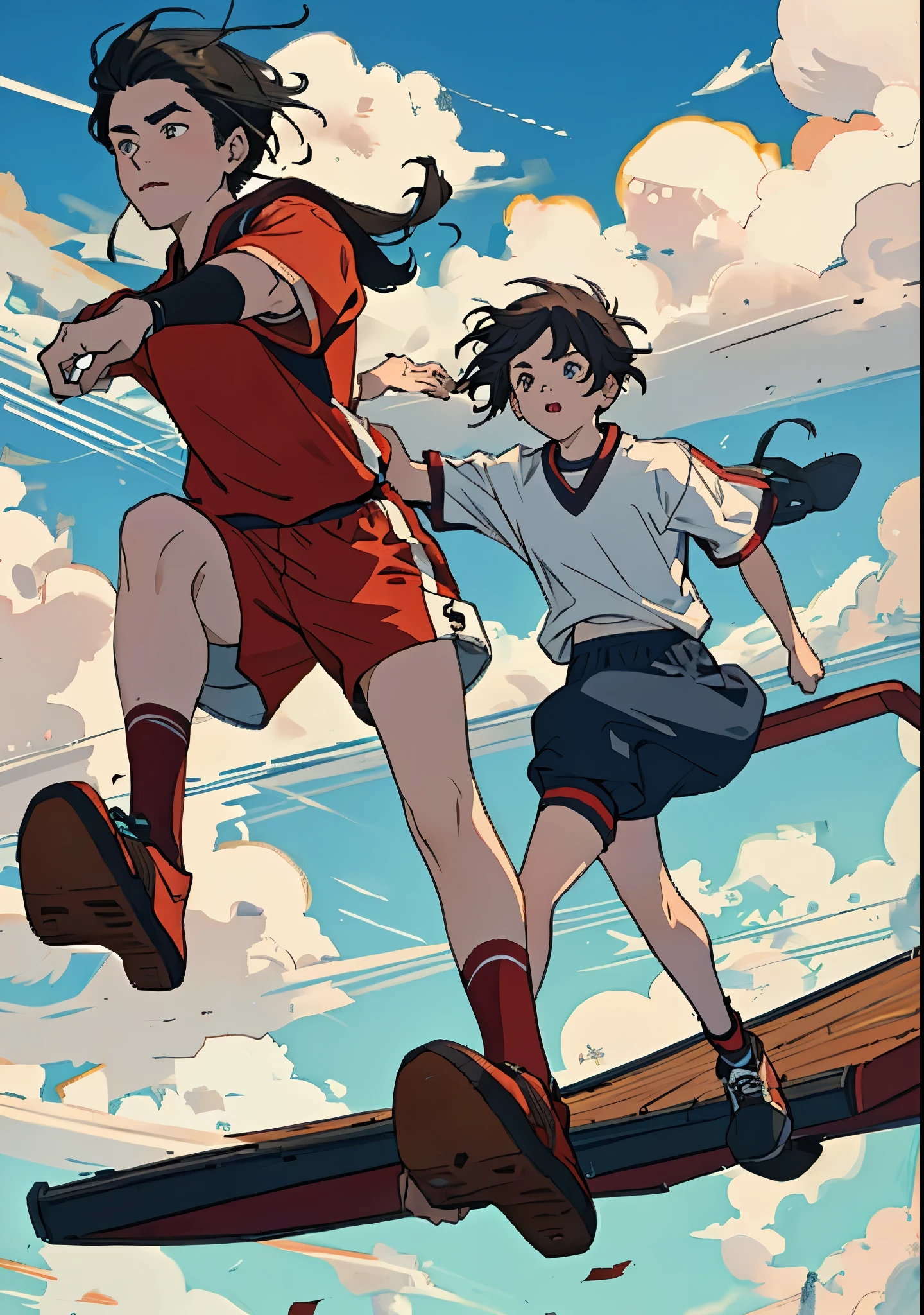 there is a boy and a 9 year old girl in gym clothes who are running floating in the air, correndo sobre nuvens, 8k, detailed, imagem detalhada, corpo inteiro, Background of sky and clouds