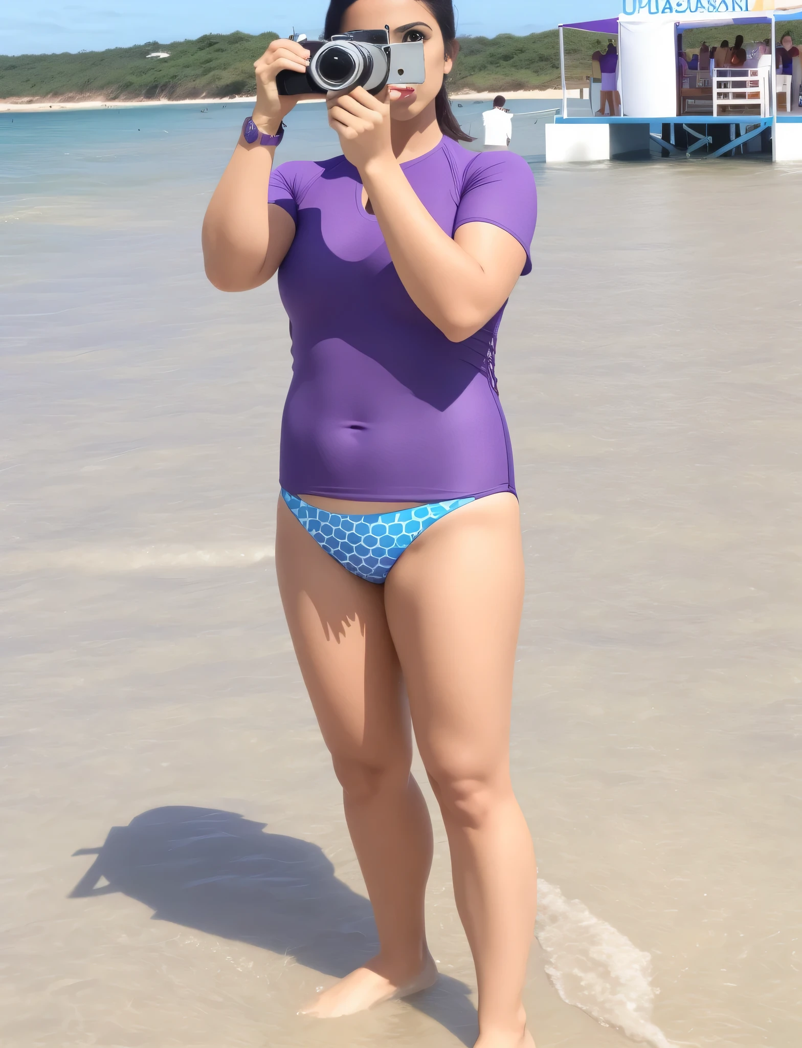 woman in purple shirt taking a photo of herself in the water, wearing spandex bikini, is wearing a swimsuit, parado na praia, na praia, em uma praia, posando na praia, foto da praia, full body photo in bikini, wearing two piece swimsuit, standing in shallow water, posando em uma praia com o oceano, tiro distante de corpo inteiro