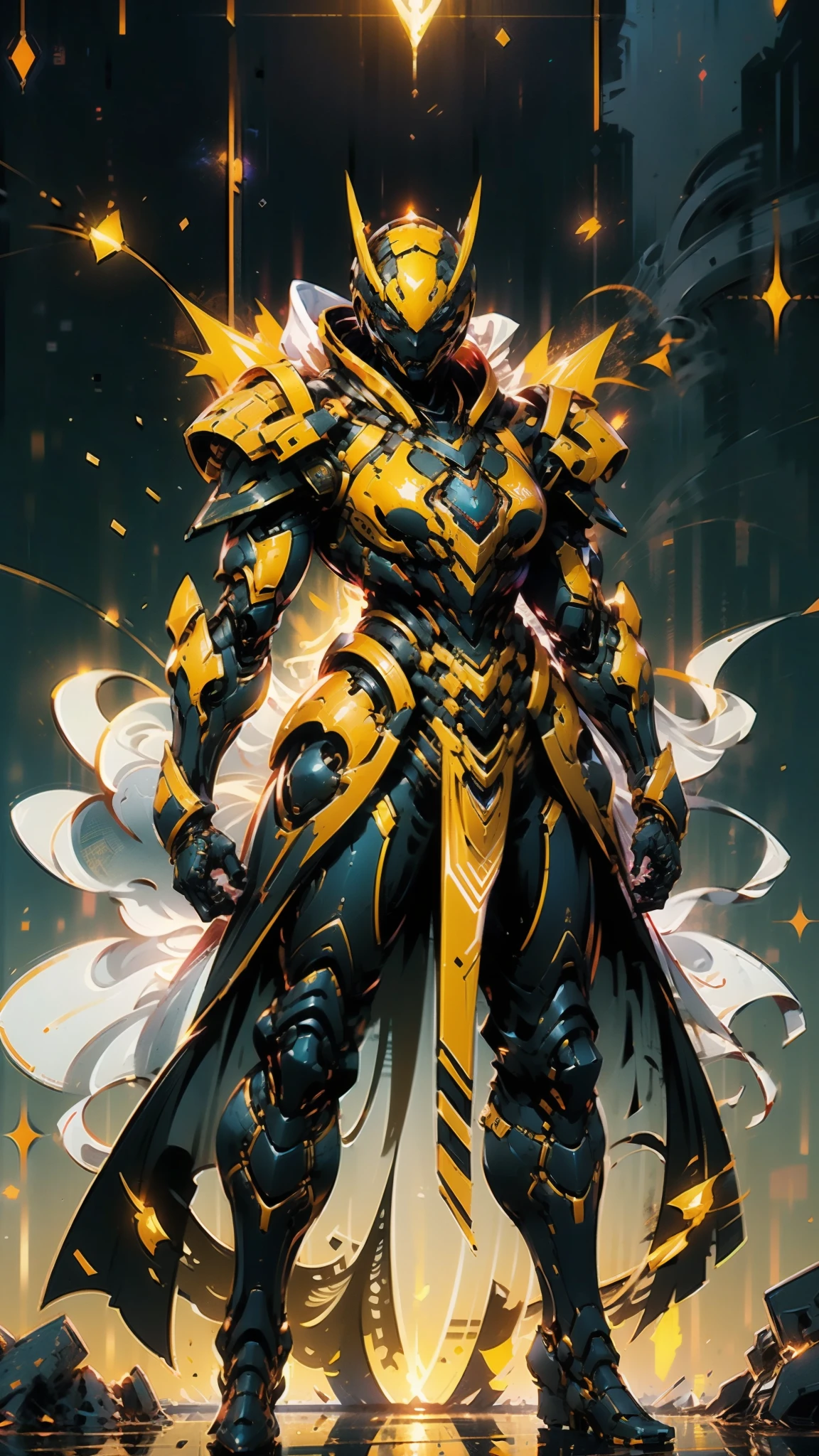 A woman adorned in fantasy-style full-body armor, a crown-concept fully enclosed helmet that unveils only her eyes, a composite layered chest plate, fully encompassing shoulder and hand guards, a lightweight waist armor, form-fitting shin guards, the overall design is heavy-duty yet flexible, ((the armor gleams with a golden glow, complemented by red and blue accents)), exhibiting a noble aura, she floats above a fantasy-surreal high-tech city, this character embodies a finely crafted fantasy-surreal style armored hero in anime style, exquisite and mature manga art style, (Queen bee mixed with Spider concept Armor, plasma, blood), ((Element, energy, elegant, goddess, femminine:1.5)), metallic, high definition, best quality, highres, ultra-detailed, ultra-fine painting, extremely delicate, professional, anatomically correct, symmetrical face, extremely detailed eyes and face, high quality eyes, creativity, RAW photo, UHD, 32k, Natural light, cinematic lighting, masterpiece-anatomy-perfect, masterpiece:1.5