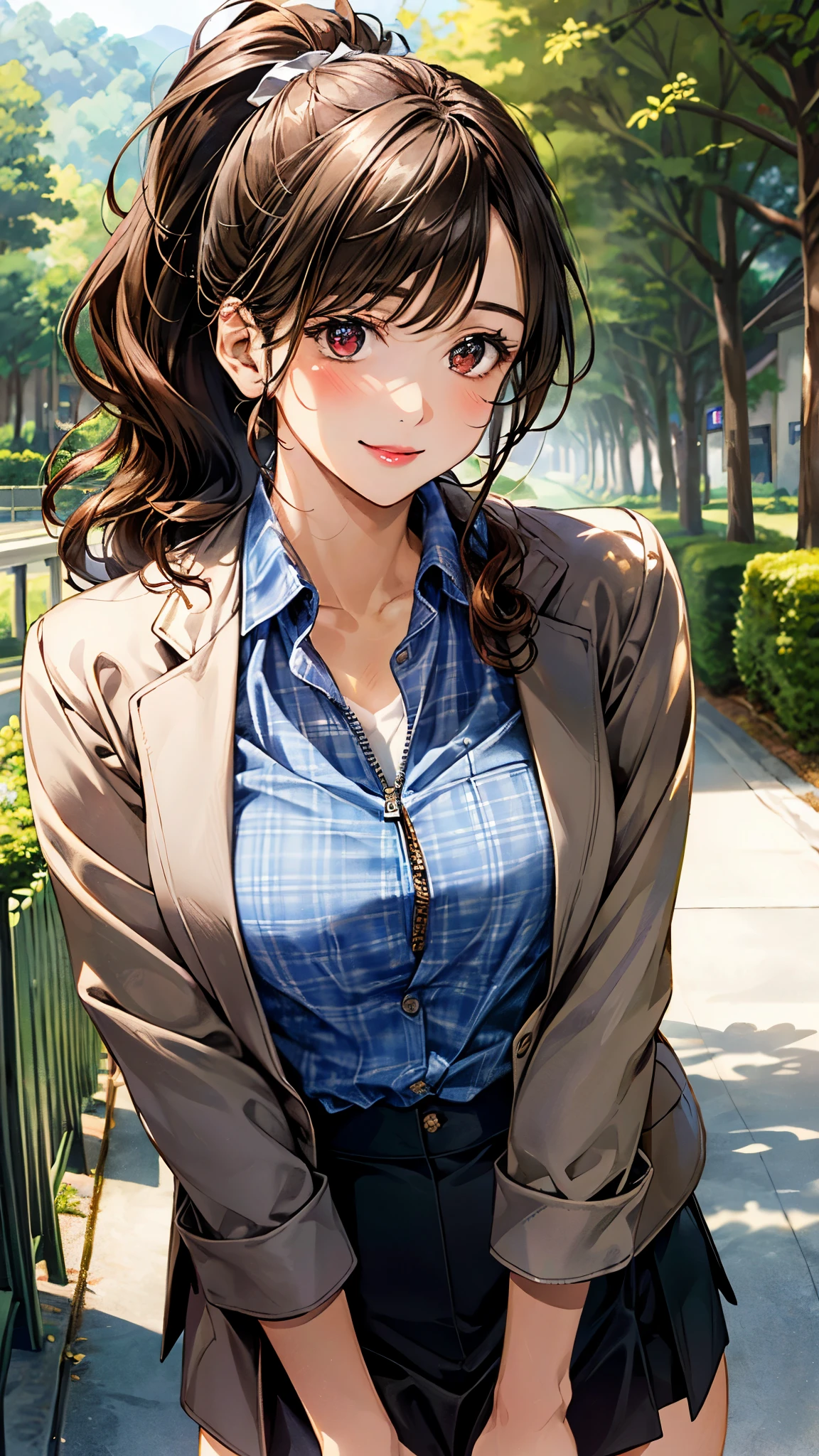 (masterpiece:1.2, top-quality), (realistic, photorealistic:1.4), beautiful illustration, (natural side lighting, movie lighting), ,
looking at viewer, 1 girl, japanese, perfect face, cute and symmetrical face, shiny skin, round face, (suntan, tanline),
(long hair, curly hair, ponytail, brown hair), brown eyes, (drooping eyes), long eye lasher, pink lip, (large breasts, thick thighs),
beautiful hair, beautiful face, beautiful detailed eyes, beautiful clavicle, beautiful body, beautiful chest, beautiful thigh, beautiful legs, beautiful fingers,
button down shirt, ((blue checked shirt, unbuttoned shirt, opened brown zipper jacket)), leather jacket, red and black skirt, hair ribbon,
(beautiful scenery), morning, (village, trees), standng, (seductive smile),