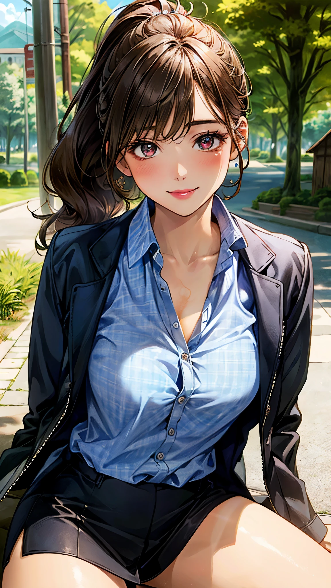 (masterpiece:1.2, top-quality), (realistic, photorealistic:1.4), beautiful illustration, (natural side lighting, movie lighting), , 
looking at viewer, 1 girl, japanese, perfect face, cute and symmetrical face, shiny skin, round face, (suntan, tanline), 
(long hair, curly hair, ponytail, brown hair), brown eyes, (drooping eyes), long eye lasher, pink lip, (large breasts, thick thighs), 
beautiful hair, beautiful face, beautiful detailed eyes, beautiful clavicle, beautiful body, beautiful chest, beautiful thigh, beautiful legs, beautiful fingers, 
button down shirt, ((blue checked shirt, unbuttoned shirt, opened brown zipper jacket)), leather jacket, red and black skirt, hair ribbon, 
(beautiful scenery), morning, (village, trees), standng, (seductive smile), 
