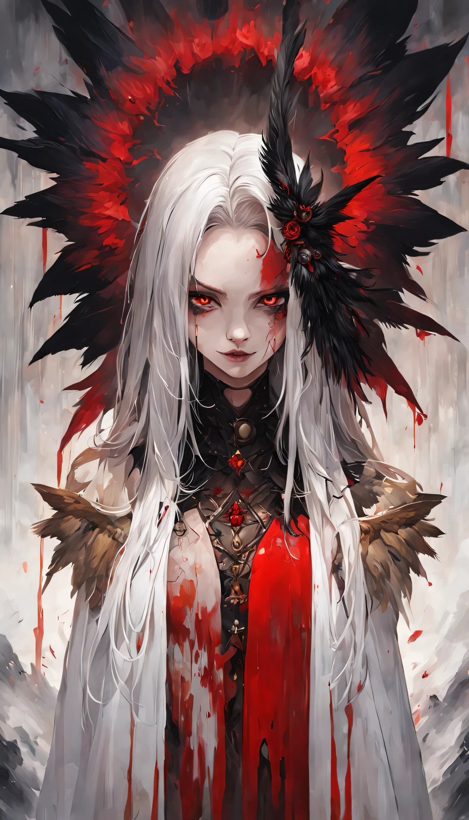wet-on-wet oil painting depicting a dark angel, a semi-realistic portrait of a badgirl tainted with blood, her gaze shows a confidense and power, she has a beauty appearance that contrast with her evil side, blood on the angel face,, medium shot, red eyes, gorgeous painting, breathtaking, semirealistic, beautiful colors, evil, beautiful red eyes, detailed textures, dark feathers, blood, white hair, evil grim, evil smile, a chaotc painting, emotional
