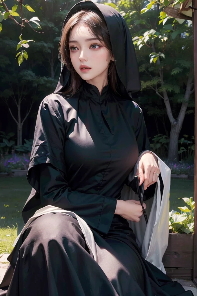 (best quality, highres, realistic:1.37), a girl dressed as a servant sitting with crossed legs, detailed eyes, detailed lips, extremely detailed face, long eyelashes, porcelain skin, delicate facial features, elegant posture, traditional maid uniform, white apron, black dress, beautiful lace details, sitting on an ornate chair, intricate patterns on the chair, a peaceful garden in the background, vibrant flowers in full bloom, soft natural lighting, a calm and serene atmosphere, a sense of tranquility and grace.