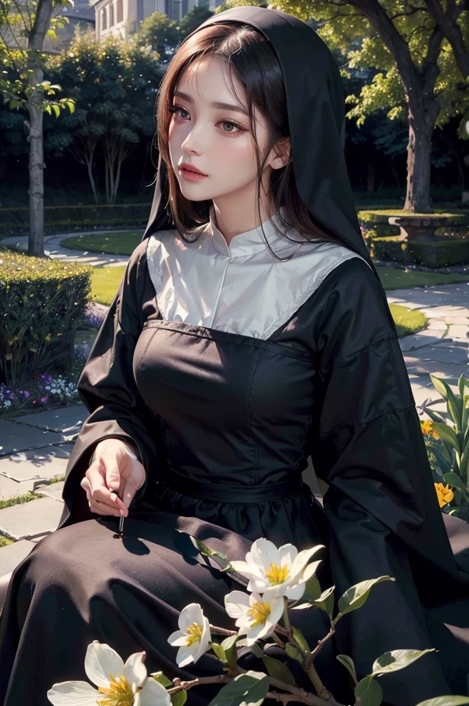 (best quality, highres, realistic:1.37), a girl dressed as a servant sitting with crossed legs, detailed eyes, detailed lips, extremely detailed face, long eyelashes, porcelain skin, delicate facial features, elegant posture, traditional maid uniform, white apron, black dress, beautiful lace details, sitting on an ornate chair, intricate patterns on the chair, a peaceful garden in the background, vibrant flowers in full bloom, soft natural lighting, a calm and serene atmosphere, a sense of tranquility and grace.