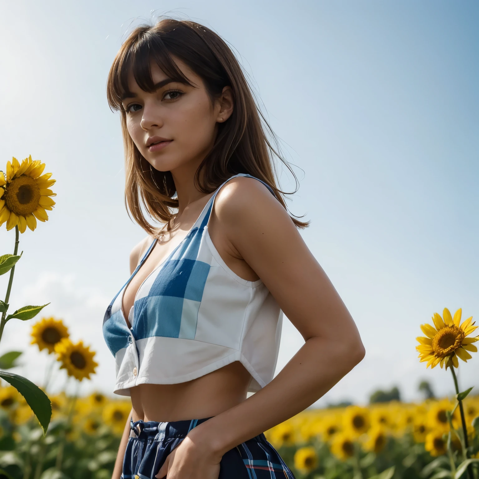 (((Anna Van der Vaart))), RAW photo, beautiful 26 y.o woman, cute face, very hot, wonderful goddess, shoulder-length black hair, bangs in front, brown eyes, wearing white and blue retro checkered clothes, yellow flowers on clear sky background, low angle shot, medium shot, high quality photo