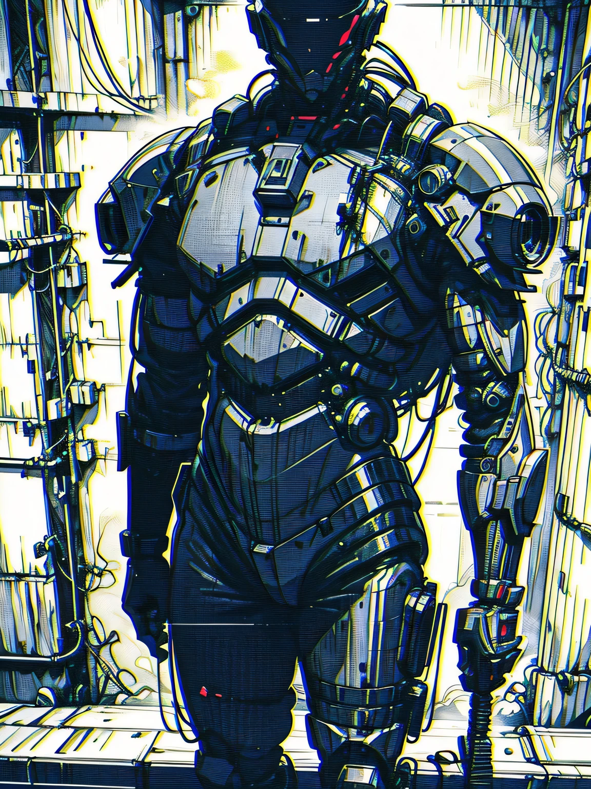 by xenotrip, monochrome, greyscale, blood, cable, science fiction, cyberpunk, chromatic aberration, outdoors, detailed background, night, 1boy, handsome, adult, solo, (full body:1.5)