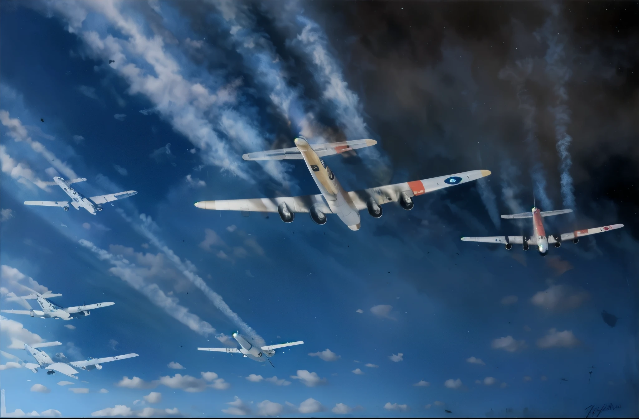 several B-29 Superfortress airplanes flying in formation in the sky with smoke coming from them, bomber planes, by Keith Parkinson, by Bob Ringwood, by Howard Lyon, by Derek Hill, by Richard Mayhew, by Roy Newell, by Robert Goodnough, by John Quidor, war art, by Hugh Hughes, composite, an airbrush painting, airbrushed clouds