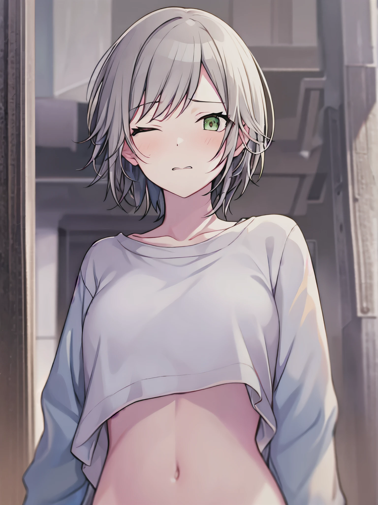 (masterpiece), short hair, grey hair, small breasts, hinomori shiho, tomboy, shiho_h, green eyes,wearing short_pants
,embarrassed, closing mouth,NSFW,((Angle of view looking up at the girl from below)), midriff-baring,  lift up wearing clothes,wearing sweatshirt, clothes lift ,(one eye closed),embarrassed face, blush