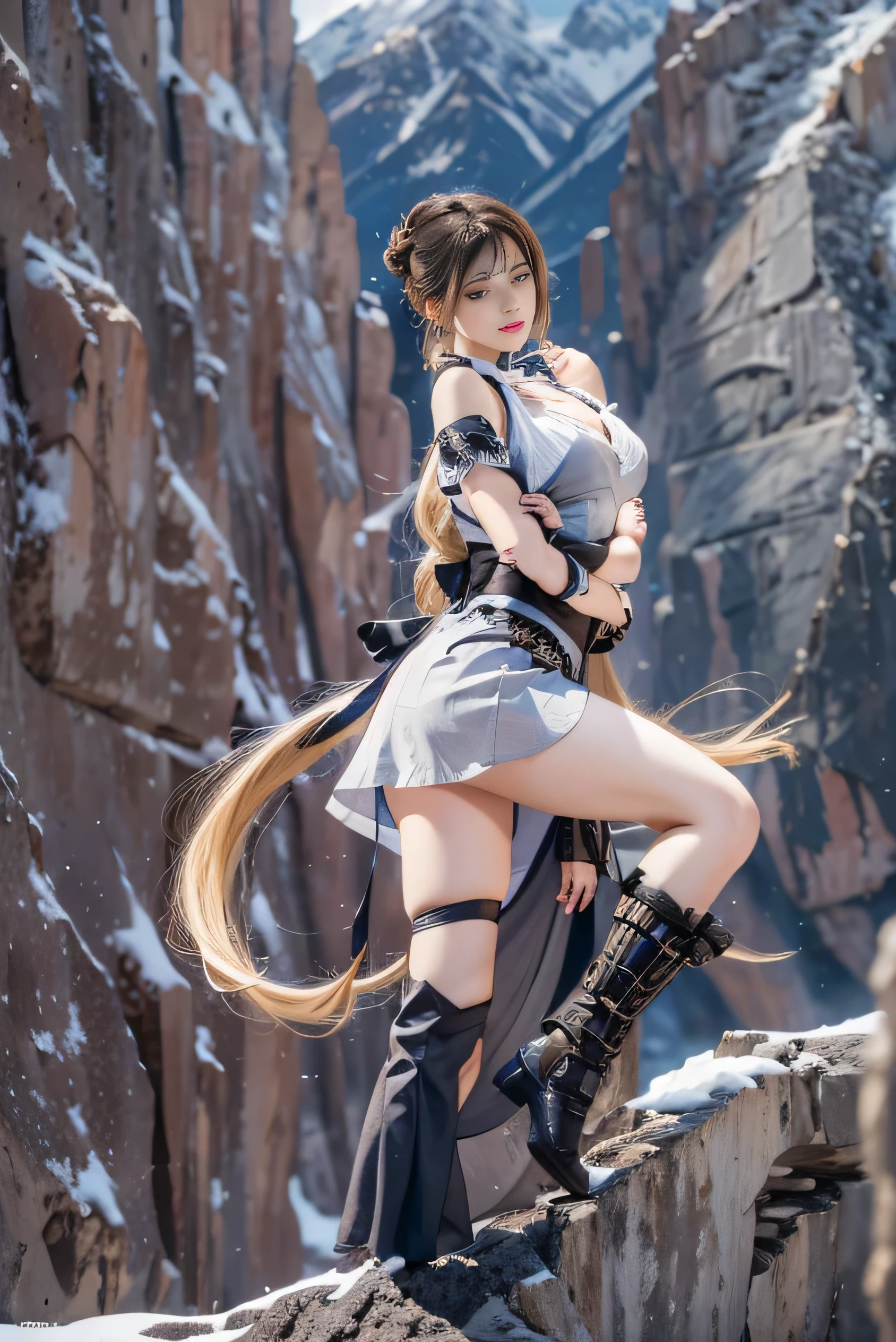 (photorealistic:1.8, highest quality:1.8,8K masterpiece:1.8,High resolution,muste piece:1.8),One 23 year old woman,binding,BDSM,(blue playsuit,gloves,choker,stockings,Cleavage cut),beautiful detailed blue eyes:1.7,double eyelid:1.6,beautiful skin:1.8, (looking at the camera:1.2),(View from the front:1.3),( ponytail:1.2,beautiful shining blonde:1.5), expression(Stoic:1.3,face turns red:1.3),Pause(Kneeling,turn your arms behind your back:1.4,Seductive pose:1.5),(Moderate chest:1.3),background(snowy mountain area:1.5),(detailed perfect face),anatomically correct,normal hands:1.5,normal finger:1:5,normal feet:1.5,(cameltoe)