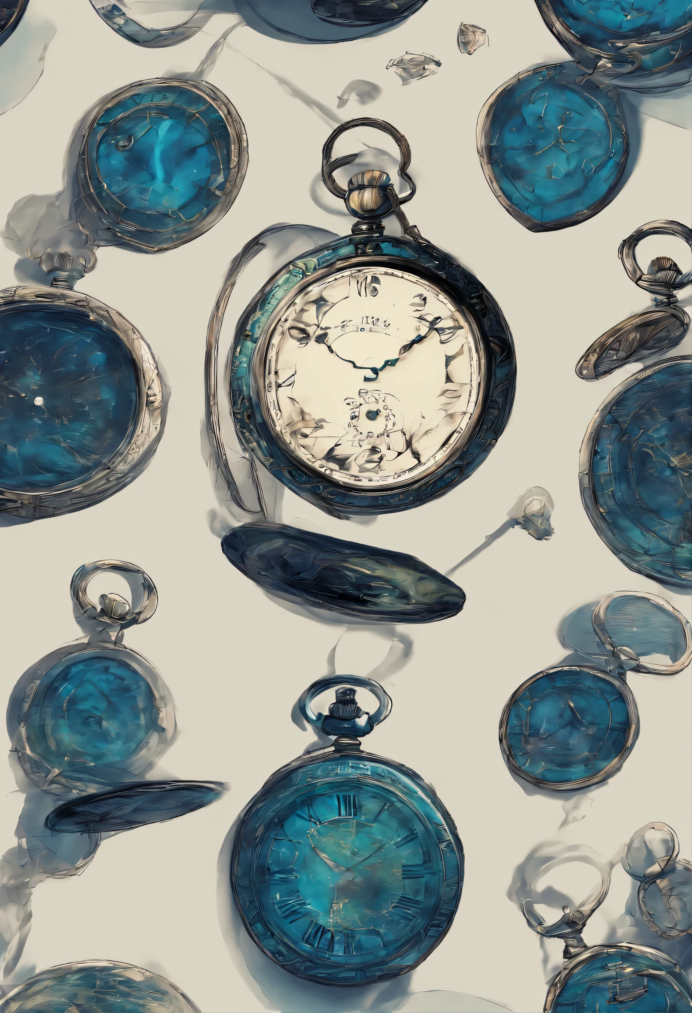 (objetos sobre a mesa), small cracked pocket watch, faca azul enferrujada, lamparina verde, em um fundo preto