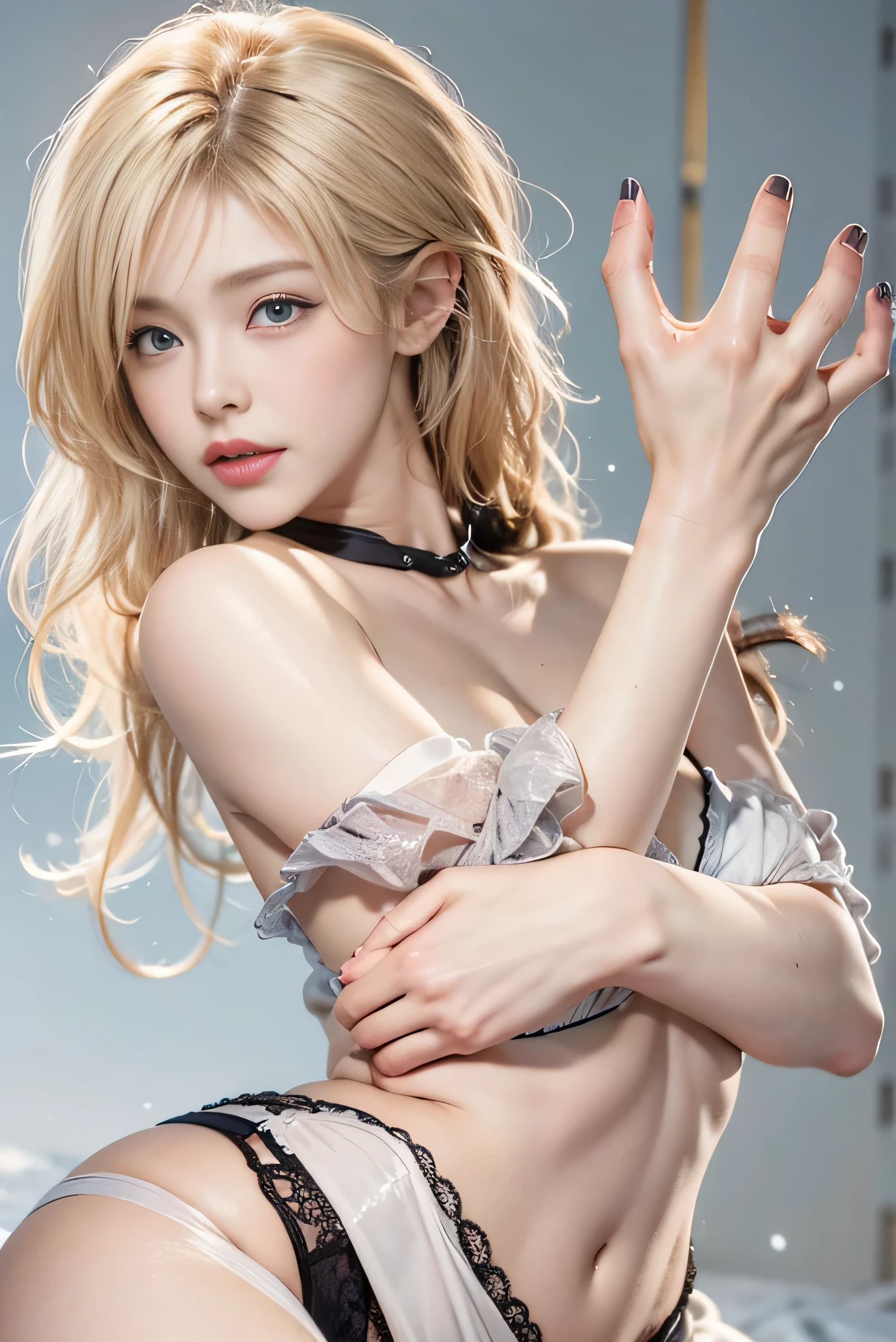 (photorealistic:1.8, highest quality:1.8,8K masterpiece:1.8,High resolution,muste piece:1.8),One 23 year old woman,binding,BDSM,(blue playsuit,gloves,choker,stockings,T-back,Cleavage cut),beautiful detailed blue eyes:1.7,double eyelid:1.6,beautiful skin:1.8, (looking at the camera:1.2),(View from the front:1.3),( midium hair:1.2,beautiful shining blonde:1.5), expression(Stoic:1.3,face turns red:1.3),Pause(Kneeling,turn your arms behind your back:1.4,Seductive pose:1.5),(Moderate chest:1.3),background(snowy mountain area:1.5),(detailed perfect face),anatomically correct,normal hands:1.5,normal finger:1:5,normal feet:1.5,(cameltoe)