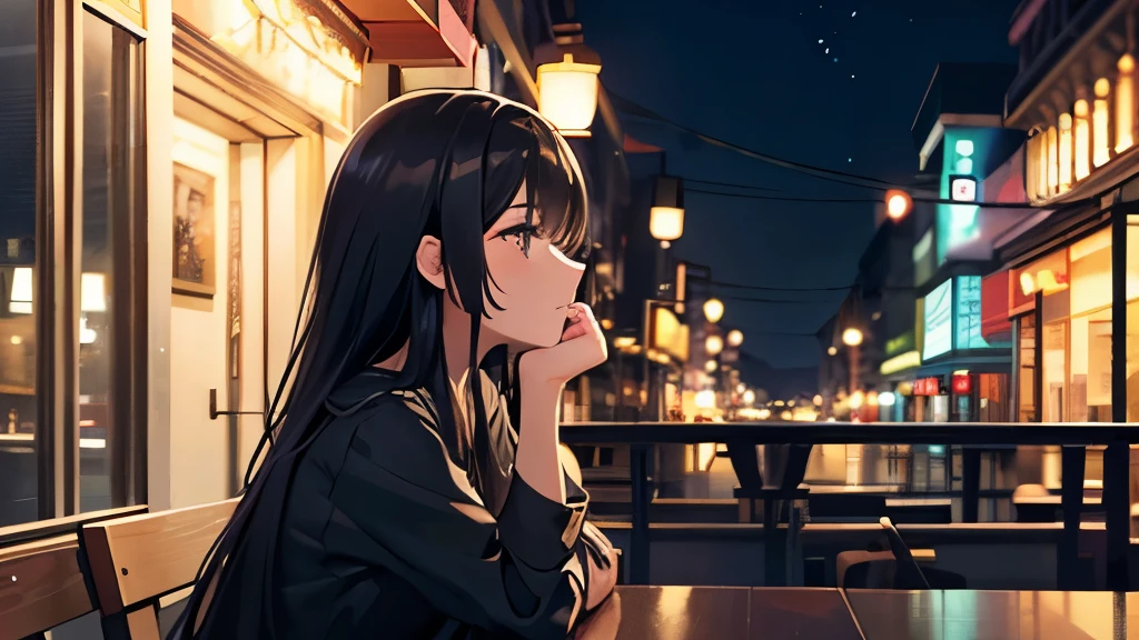 A photorealistic digital painting of a young woman with long black hair, sitting at an outdoor cafe at night, The scene is illuminated by the warm glow of street lamps and the interior lights of the cafe, which casts reflections on the wooden tables, The woman is wearing a dark shirt, and her profile is shown as she looks out pensively into the distance. There's an aura of quiet contemplation about her, The background is a busy street with storefronts, and the night sky above is clear with a few visible stars. The overall mood is serene and somewhat melancholic,
