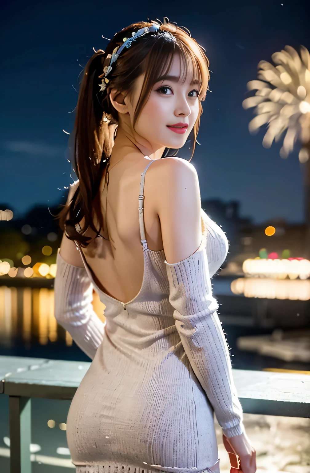 (beautiful mature adult woman),(flower hair ornament,floral braided top knot,twisted side part ponytail,floral braided headband,half up、floral braided space buns,voluminous fishtail braid,Twisted pan,),(The bangs are see-through bangs),very delicate and beautiful hair,(((emphasize the chest:1.3))),(dynamic angle),(dynamic and sexy pose),laughter、,((( Looking back while wearing a knit tight dress:1.3)))、Fireworks being launched into the sky against the backdrop of the riverbank at night.、cute round face,,(table top,highest quality,Ultra high resolution output image,) ,(8K quality,),(sea art 2 mode.1),(Image mode Ultra HD,)
