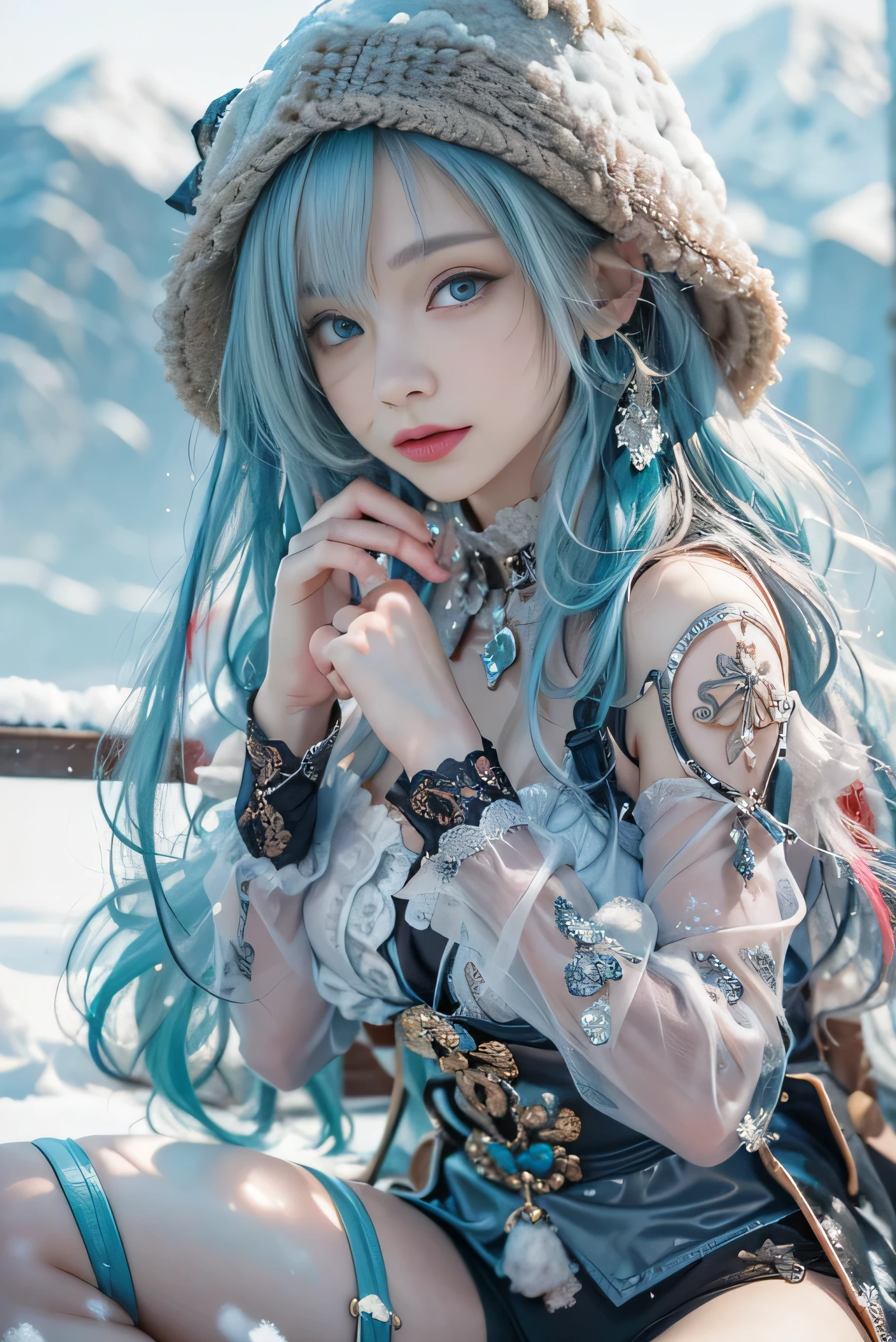(photorealistic:1.8, highest quality:1.8,8K masterpiece:1.8,High resolution,muste piece:1.8),One 23 year old woman,(blue playsuit,choker,stockings,T-back,Cleavage cut),beautiful detailed blue eyes:1.7,double eyelid:1.6,beautiful skin:1.8, (looking at the camera:1.2),(Photo seen from below:1.3),( midium hair:1.2,Beautiful shining blue lime hair:1.5), expression(Stoic:1.3,face turns red:1.3),Pause(Kneeling,Seductive pose:1.5),(Moderate chest:1.3),background(snowy mountain area:1.5),(detailed perfect face),normal hands:1.5,normal feet:1.5,(cameltoe)