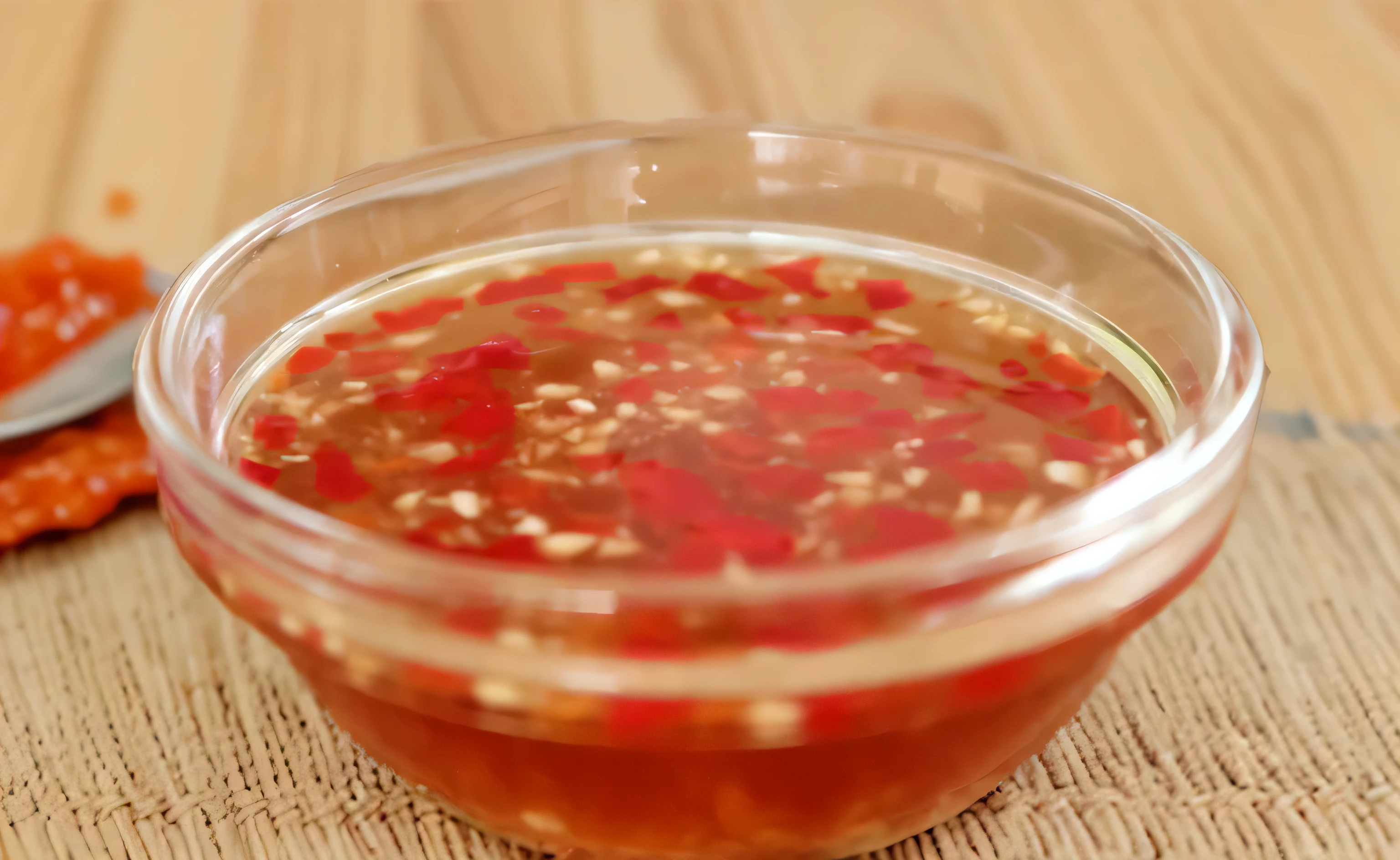 there is a bowl of sauce with a spoon on a table, sauce, sichuan, qiangshu, Thanshuhai, par Liao Chi-chun, texture semblable à de la gelée, ketchup aux cendres, caviar rouge au lieu de sable, delicious, Spicy, Daoshu, le Chili, Gros plan d'un autre iwakura, 4 0 9 6, full view