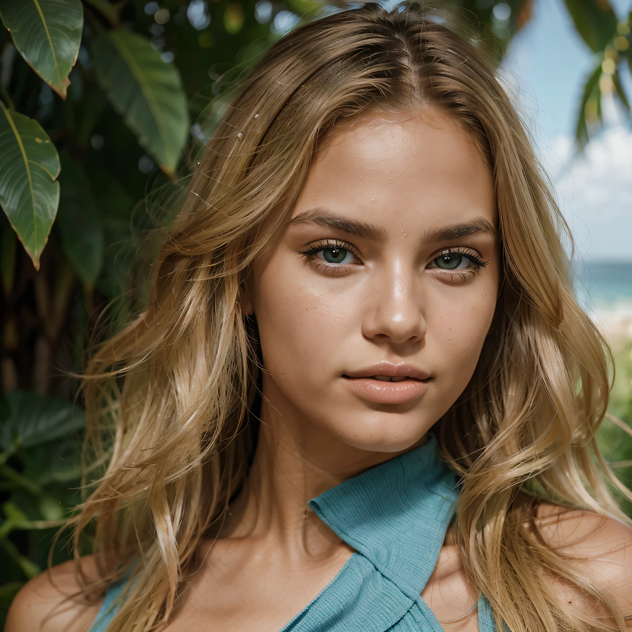 Desenvolva um retrato extremamente realista de uma brasileira loira, cerca de 20 anos. Destaque seu longo, Cabelo ondulado, olhos expressivos em tons de azul ou verde, plump lips and naturally tanned skin. The goal is to capture the model's beauty and youth in a stunning and authentic way..